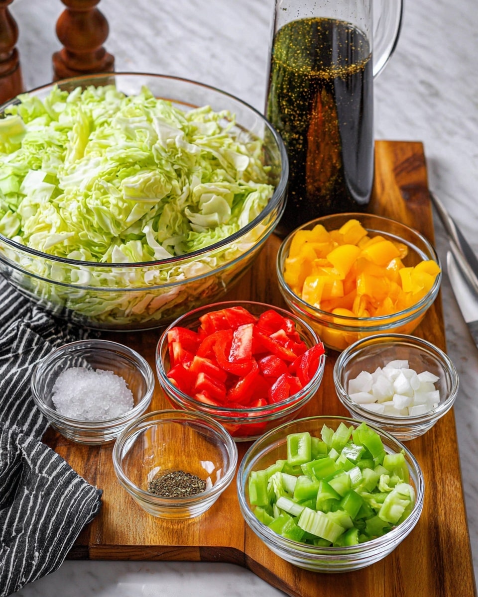 A large clear glass bowl filled with chopped light green cabbage sits on a white marbled surface. Around it, smaller clear glass bowls hold chopped red bell pepper, bright yellow bell pepper, fresh diced tomato, chopped green celery, and diced white onion. In front of these bowls, there are three tiny clear glass bowls containing salt, olive oil, and a small amount of dried herbs. Behind these bowls is a tall, clear glass pitcher filled with a dark bubbly liquid. All items are placed neatly on a wooden board with a black and white striped cloth partially underneath. Photo taken with an iphone --ar 4:5 --v 7