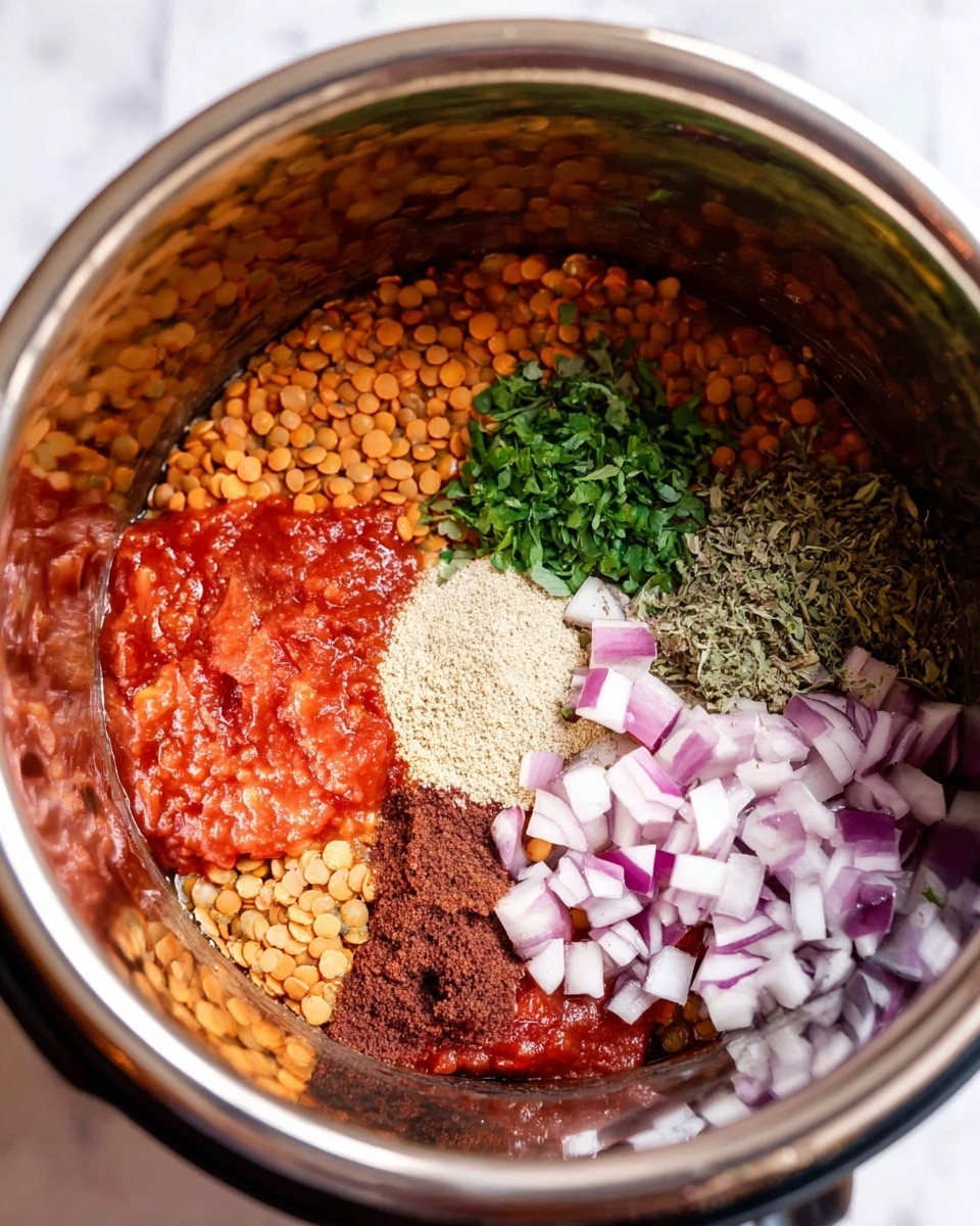 Inside a large shiny slow cooker, there are five clear layers of ingredients arranged side by side. On the left, a layer of dry orange lentils with a rough texture contrasts with a smooth bright red tomato sauce next to it. Below the lentils is a dark reddish layer of sauce or spices. In the middle, a small mound of fine beige powder sits on top of the other layers. To the right of the powder, a pile of chopped fresh dark green herbs rests above irregular, small cubes of bright purple and white onion. The slow cooker sits on a white marbled surface. Photo taken with an iphone --ar 4:5 --v 7