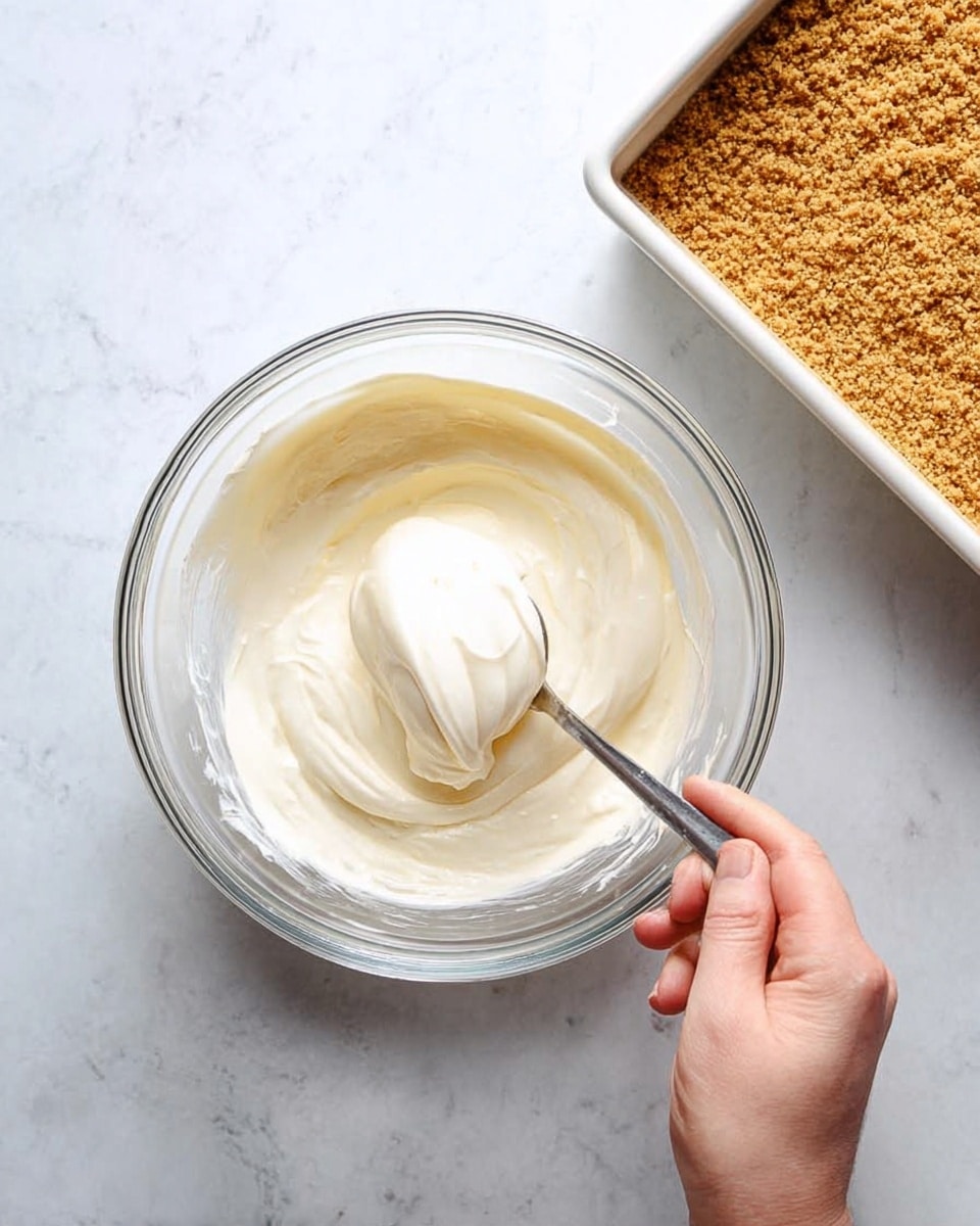 A clear glass bowl sits on a white marbled surface filled with a creamy, smooth white mixture. A silver spoon rests inside the bowl, partially submerged in the thick mixture, held by a woman's hand visible in the lower right corner. To the top right of the bowl, there is a white square baking dish with a golden brown crumb crust that looks compact and evenly pressed. Photo taken with an iphone --ar 4:5 --v 7