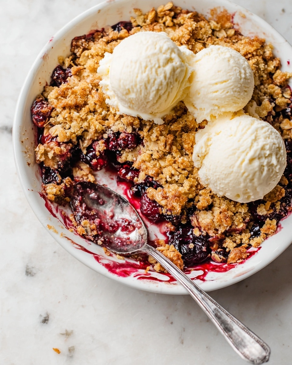 The image shows a white round dish filled with a berry crumble dessert. The bottom layer is made of dark red and purple berries, followed by a thick layer of golden crumbly oat topping with a coarse texture. There are three creamy white scoops of ice cream placed on top, slightly melting and blending with the crumble. A metal spoon is resting inside the dish with some berry and crumble remnants on it. The dish is set on a white marbled surface. photo taken with an iphone --ar 4:5 --v 7