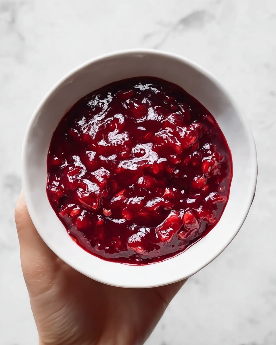 A white bowl filled with a thick, shiny red sauce that has visible pieces of fruit or berry throughout, showing a rich texture with small chunks. The sauce is glossy and covers the entire inside of the bowl. A woman's hand holds the bowl from the bottom. The background is a white marbled texture. photo taken with an iphone --ar 4:5 --v 7