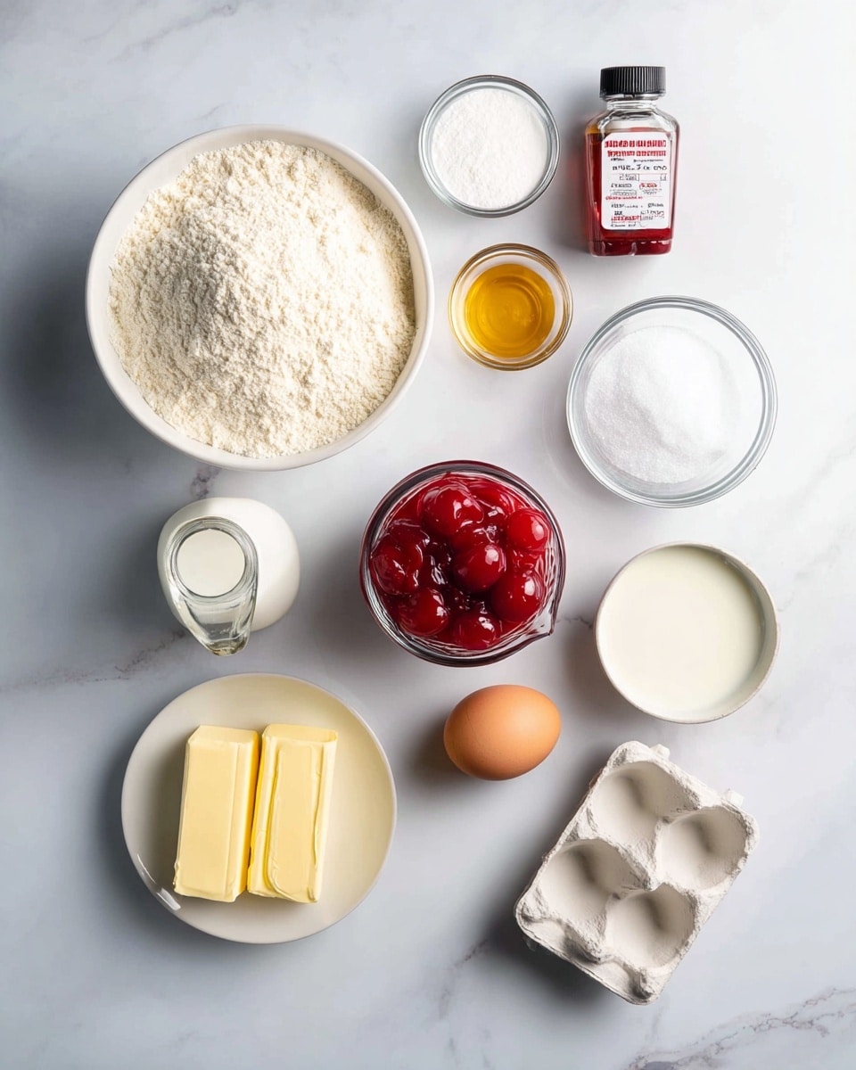 The image shows a top view of various baking ingredients arranged neatly on a white marbled surface. There is a large white bowl filled with light tan flour on the left side. Above it, there is a small glass container with white powder, likely baking soda or baking powder, next to a small bowl holding light golden brown vanilla extract. In the center, there is a jar of red maraschino cherries in syrup. To the right of the jar, there is a glass bowl full of fine white sugar and next to it, a black measuring cup filled with white sour cream. Below the sugar, two sticks of pale yellow butter are placed side by side. Below the flour bowl, a small glass container holds creamy white milk, and next to it, a small white bowl contains a golden liquid, possibly oil. At the bottom right corner, there is a single brown egg resting in a white egg carton that holds five empty slots. The overall setup is clean and organized, with a bright natural light enhancing the clear colors and textures of the ingredients. photo taken with an iphone --ar 4:5 --v 7