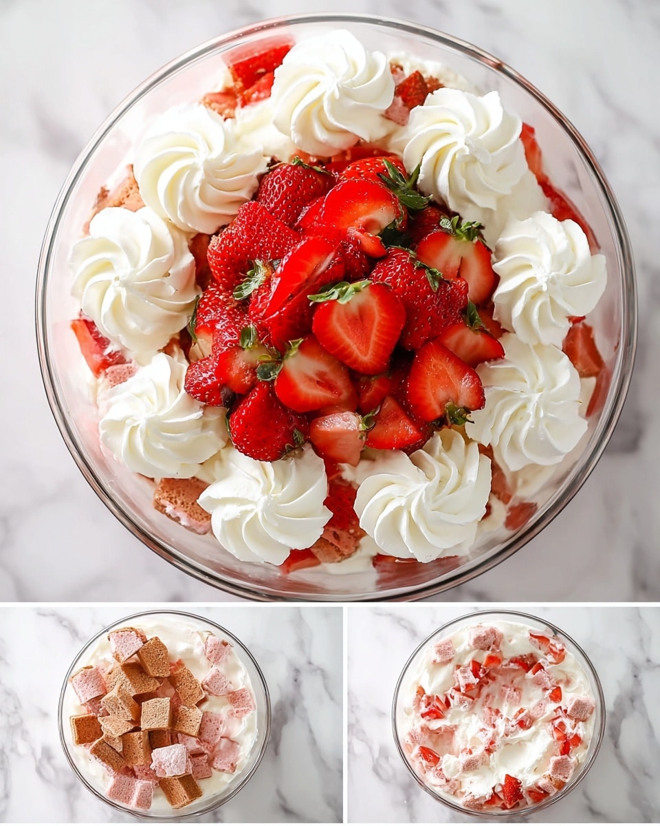 The dish is a layered strawberry dessert in a clear glass bowl on a white marbled surface, shown in three stages. The first layer at the bottom consists of small pink and brown sponge cake cubes scattered evenly. The second layer is a creamy white mixture with pieces of red strawberries folded in, covering the cake cubes. The top layer features large swirls of white whipped cream evenly spaced around the edge, with a mound of fresh red strawberry slices piled in the center, some slices still attached to green leaves, creating a fresh and colorful look. Photo taken with an iphone --ar 4:5 --v 7