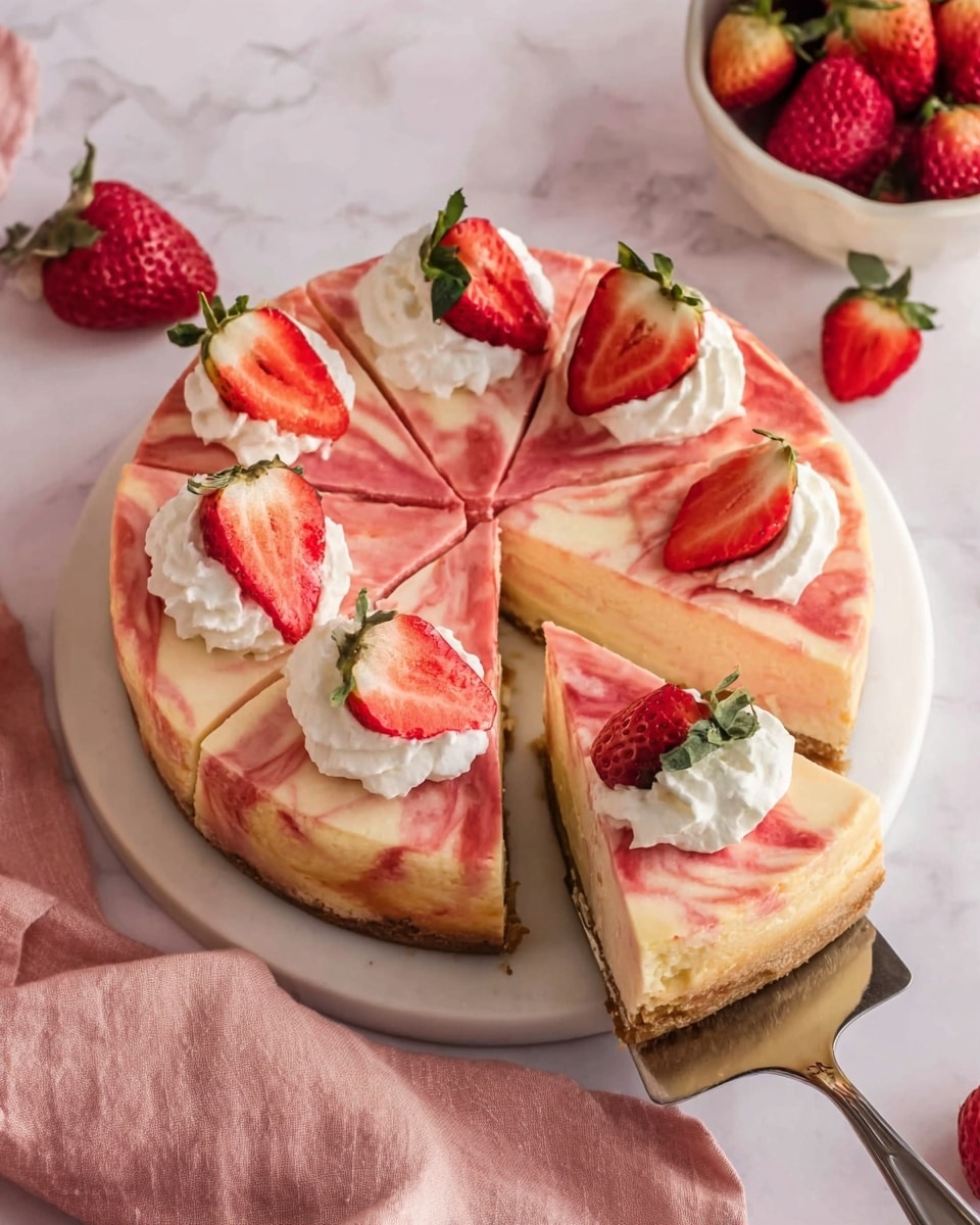 A round cheesecake with a pink and cream swirled top sits on a white plate. It is cut into six slices, each topped with a white dollop of whipped cream and a halved red strawberry with green leaves. One slice is being lifted by a silver cake server from the bottom right, next to a soft pink cloth on a white marbled surface. Around the plate, whole and halved strawberries are scattered, and a white bowl filled with strawberries is partially visible in the top right corner. Photo taken with an iphone --ar 4:5 --v 7