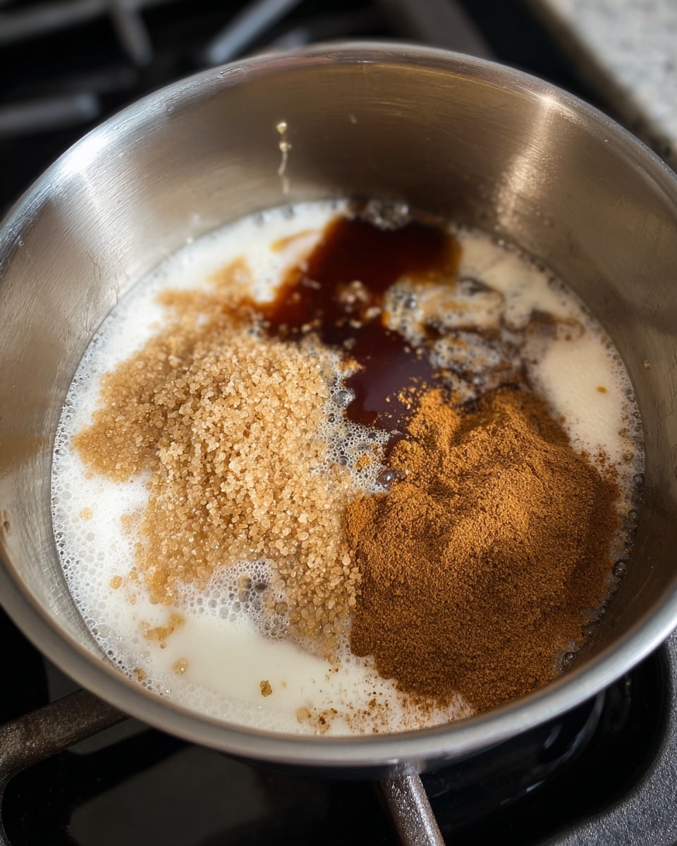 A silver metal pot on a stove contains several layers of ingredients that include white foamy bubbling liquid, dark brown thick syrup pooling on one side, a pile of light brown granulated sugar on top of the syrup, and a mound of fine cinnamon powder spread across one area near the edge. The pot's rounded inner wall reflects light and shadows, and the stove below is dark colored. The scene is focused closely on the pot's contents, showing clear textures from the frothy liquid to the grainy sugar and smooth cinnamon powder. The photo taken with an iphone --ar 4:5 --v 7