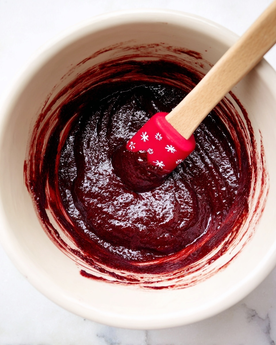The image shows a creamy white bowl filled with a thick, dark red, jam-like mixture. A wooden spatula with a red silicone tip, decorated with small white snowflakes, is partially sunk into the thick mixture, leaving a clear light path behind it where the jam has been pushed aside. The texture of the jam is dense and slightly uneven, with glossy and matte areas, and the inside of the bowl has streaks of the dark red mixture along the edges. The bowl is set on a white marbled surface. Photo taken with an iphone --ar 4:5 --v 7