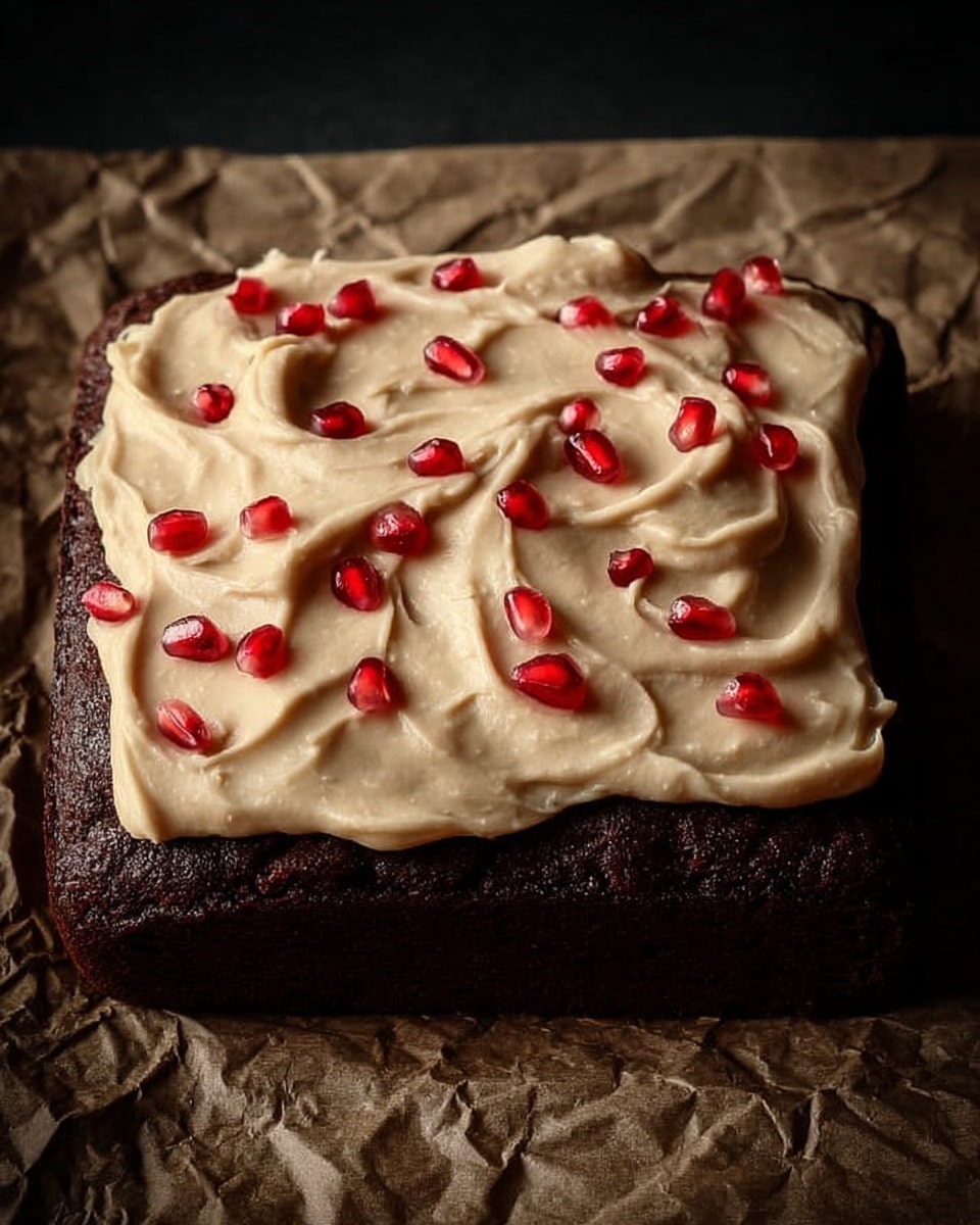 A square dark brown cake with a smooth, creamy light tan frosting spread over the top with soft swirls, decorated with scattered small shiny red pomegranate seeds evenly placed on the frosting. The cake is set on a crumpled brown paper with a dark background behind. photo taken with an iphone --ar 4:5 --v 7