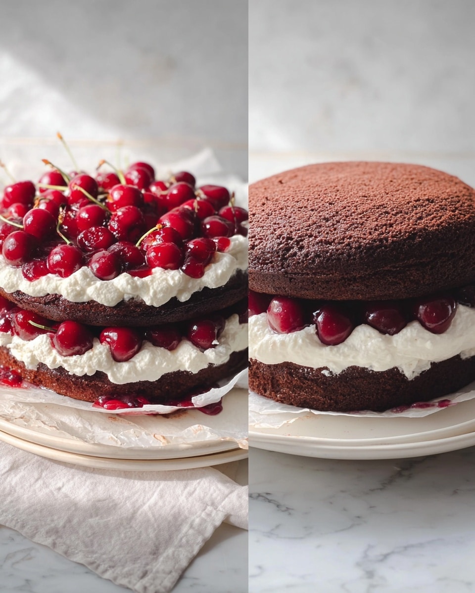 The image shows a two-layer chocolate cake on a white plate with parchment paper under it, placed on a white marbled surface. The bottom layer is a dark brown soft cake, spread evenly with thick white cream, topped with bright red cherries and cherry sauce in the middle. The top layer is another dark brown cake gently placed on the cream and cherries, creating a neat, firm cake shape. The scene is lit with soft natural light, showing the cake’s moist texture and creamy filling clearly. Photo taken with an iphone --ar 4:5 --v 7