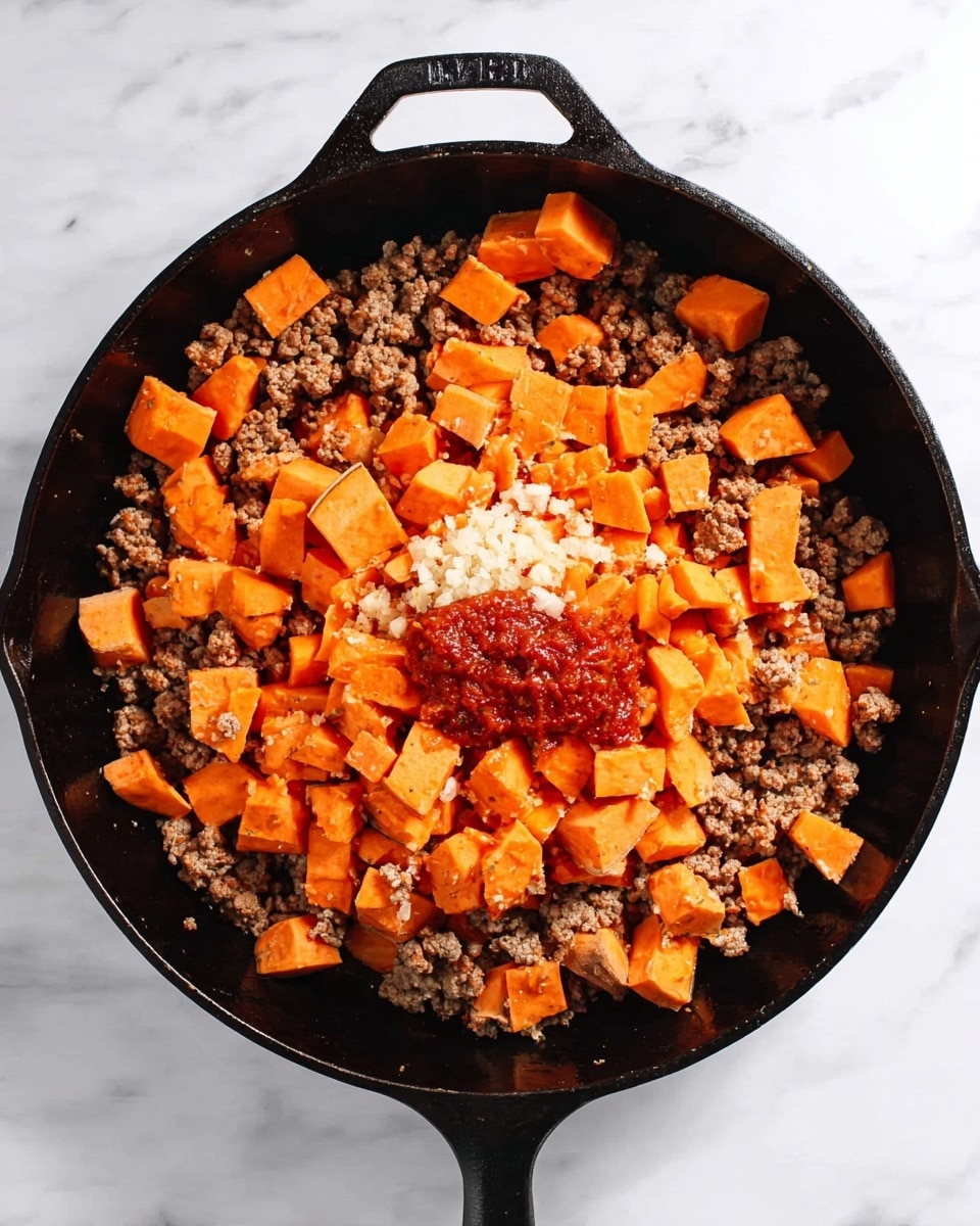 A black cast iron pan sits on a white marbled surface, filled with three visible layers. The base layer consists of browned, crumbly cooked ground meat with a slightly rough texture, spread evenly across the pan. On top of this base, there is a thick layer of bright orange cubed sweet potatoes scattered all over, showing sharp edges and a firm texture. In the center of the sweet potatoes, a small dollop of rich red tomato paste sits atop finely chopped white garlic pieces, adding color contrast to the warm tones around it. Photo taken with an iphone --ar 4:5 --v 7