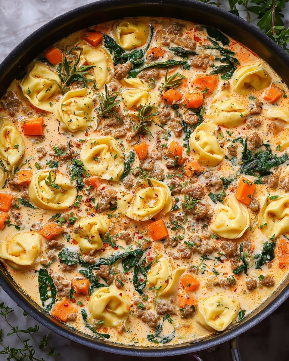 A black pan is filled with a creamy soup that has three main layers: small yellow tortellini pasta pieces floating evenly, bright orange square chunks of carrots, and dark green spinach leaves scattered throughout. Crumbled brown cooked meat is spread on top, mixed with bits of fresh green herbs like thyme. The creamy broth has a slightly orange tint from spices and some light oil droplets on the surface. The pan sits on a white marbled textured surface. photo taken with an iphone --ar 4:5 --v 7