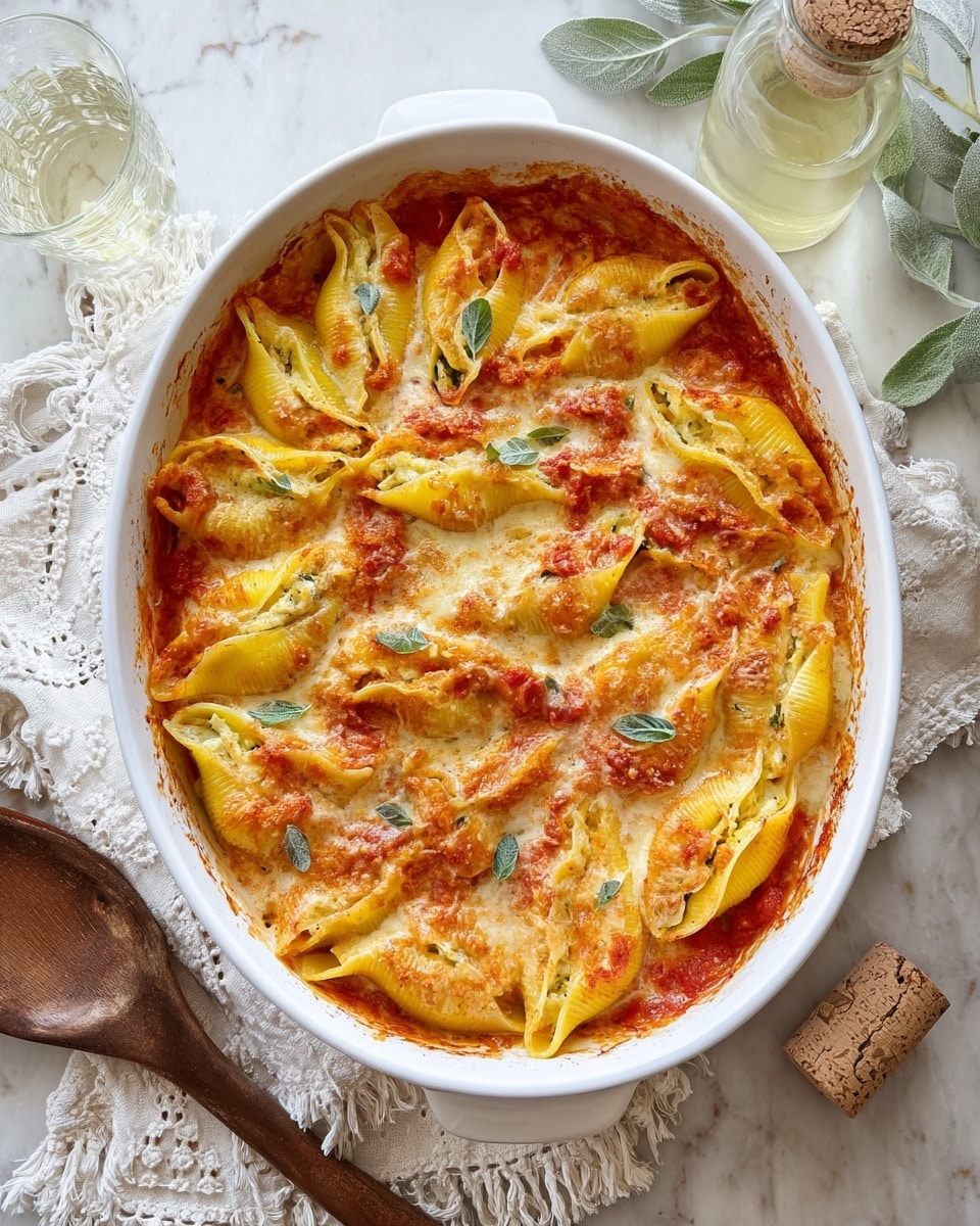 A white oval baking dish filled with baked pasta shells arranged in one visible top layer, each shell stuffed and golden yellow in color with a light bubbly melted cheese texture on top. Bright red tomato sauce is spread unevenly over the shells, adding contrast to the yellow and white cheese. Small green herb leaves are scattered across the top, adding fresh color. The dish is placed on a white marbled surface, surrounded by a wooden spoon on a white fringed cloth, a glass of white liquid, a corked glass container, and some green leaves in the background. Photo taken with an iphone --ar 4:5 --v 7