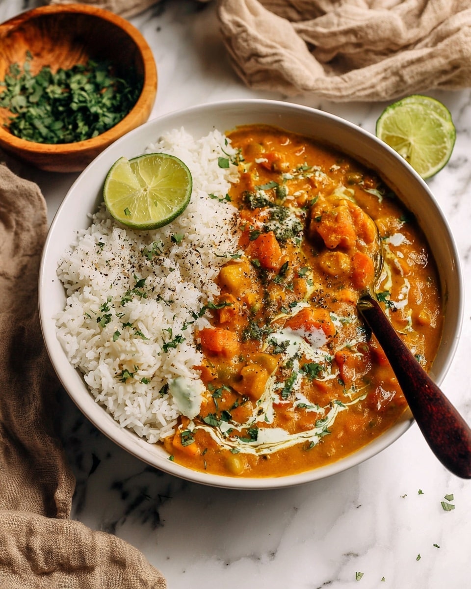 A white bowl holds two main layers: on the left side is a fluffy white rice topped with a wedge of lime, and on the right side is a thick orange curry with visible chunks of vegetables and herbs. Swirls of white cream are lightly mixed into the curry, and fresh green herbs along with black pepper are sprinkled on top. A dark wooden spoon with a smooth texture rests on the right edge of the bowl, partially dipped into the curry. The bowl sits on a white marbled surface with a beige cloth slightly crumpled in the background, along with a halved lime and a wooden bowl of chopped herbs nearby. Photo taken with an iphone --ar 4:5 --v 7
