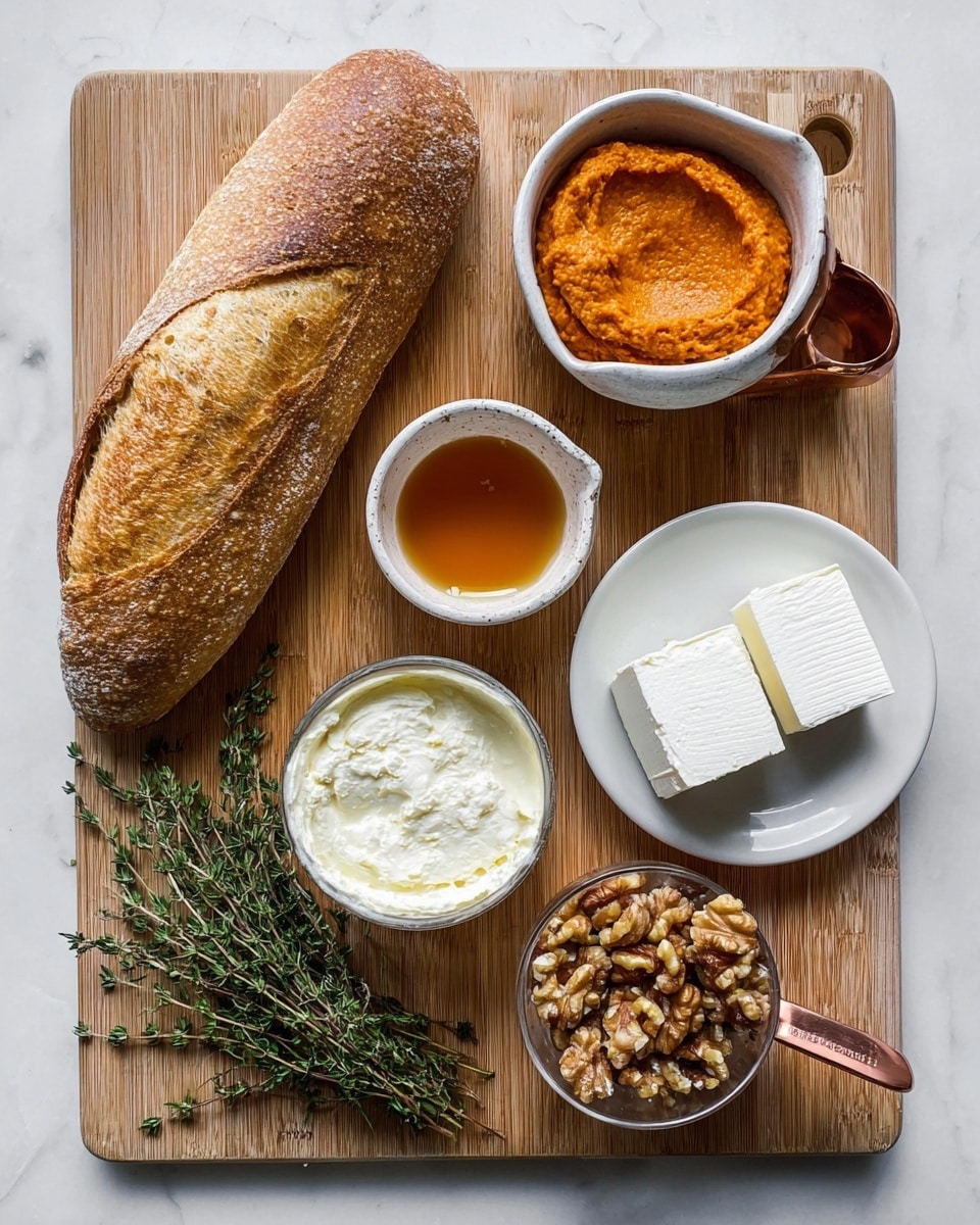 A wooden board on a white marbled surface holds several ingredients: on the left is a long, golden brown loaf of bread with a crusty texture; near the bottom left corner are fresh green thyme sprigs. Towards the center is a small white bowl with light amber honey. To the right of the honey is a measuring cup filled with a smooth, creamy white substance, likely cream cheese. Next to it, on the upper right, is a small white plate with two thick white blocks of cheese. Below that, a bowl holds a mix of walnut pieces in varying brown shades. On the upper right corner, a copper measuring cup filled with a thick, orange spread is present. Photo taken with an iphone --ar 4:5 --v 7