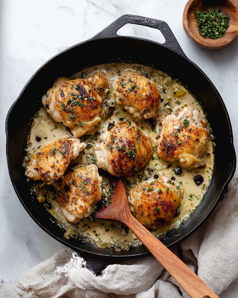 A black cast iron pan holds six pieces of light golden-brown cooked chicken with visible herbs on top, sitting in a light creamy sauce with bits of green herbs and dark small pieces. A wooden spoon is under one chicken piece, lifting it slightly. A white marbled surface under the pan is visible along with a soft, light-colored cloth near the pan. In the top right corner, there is a small round wooden bowl with green herbs inside. Photo taken with an iphone --ar 4:5 --v 7