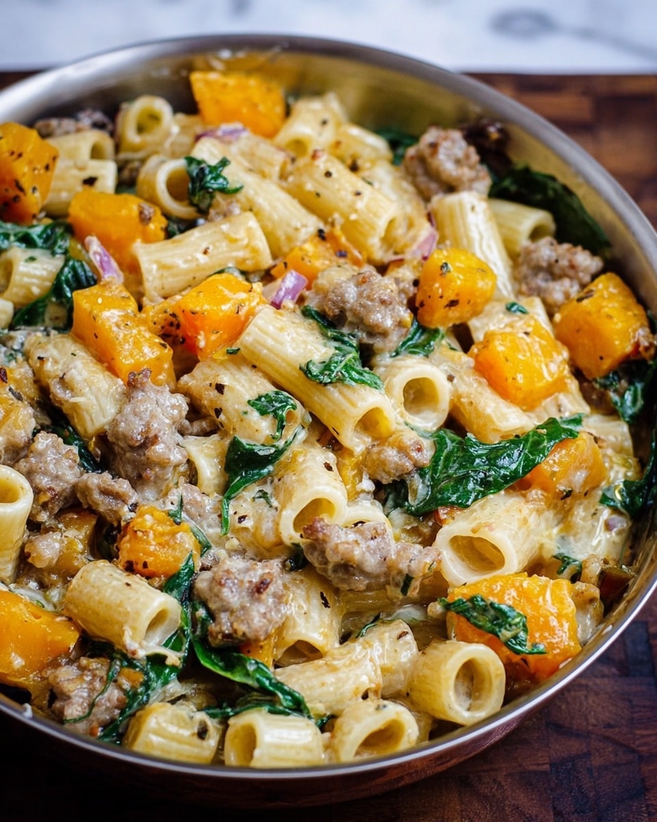 A close-up view of a shiny metal bowl filled with a pasta dish. The dish has three main layers: short tube-shaped pasta in a light cream color, small chunks of browned sausage with a slightly grayish tint, and pieces of bright orange butternut squash. Mixed throughout are wilted green spinach leaves and bits of red onion. Everything is coated with a creamy sauce that has a slight yellow-orange hue, showing visible black pepper seasoning. The bowl sits on a dark wooden surface but the background and surface should be imagined as white marble. photo taken with an iphone --ar 4:5 --v 7