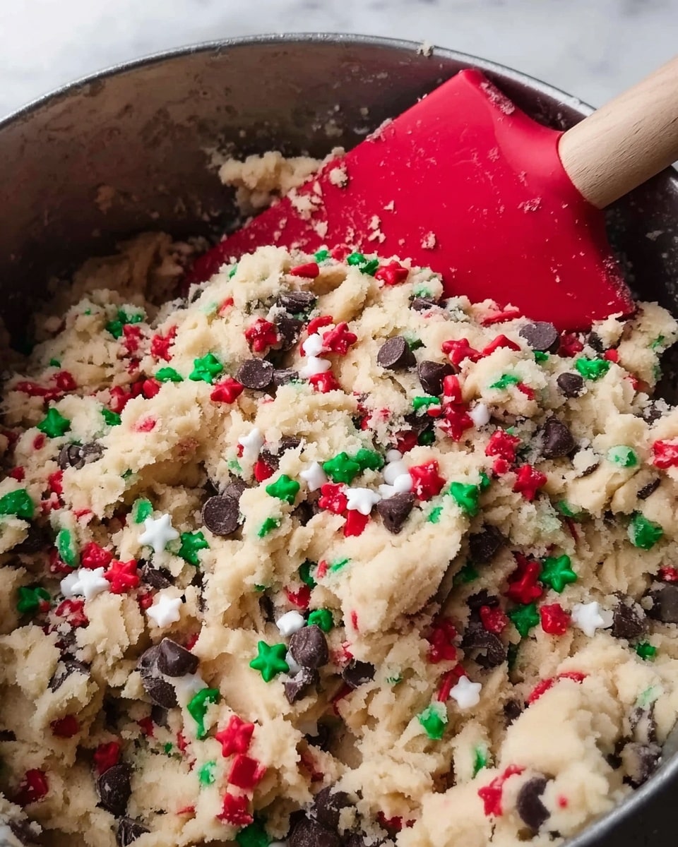 A close-up of cookie dough in a metal bowl, filled with small dark chocolate chips and red and green star-shaped sprinkles, all mixed into a pale beige dough; a bright red silicone spatula with a wooden handle rests inside the bowl, partially sticking into the dough. The background is a white marbled texture. photo taken with an iphone --ar 4:5 --v 7