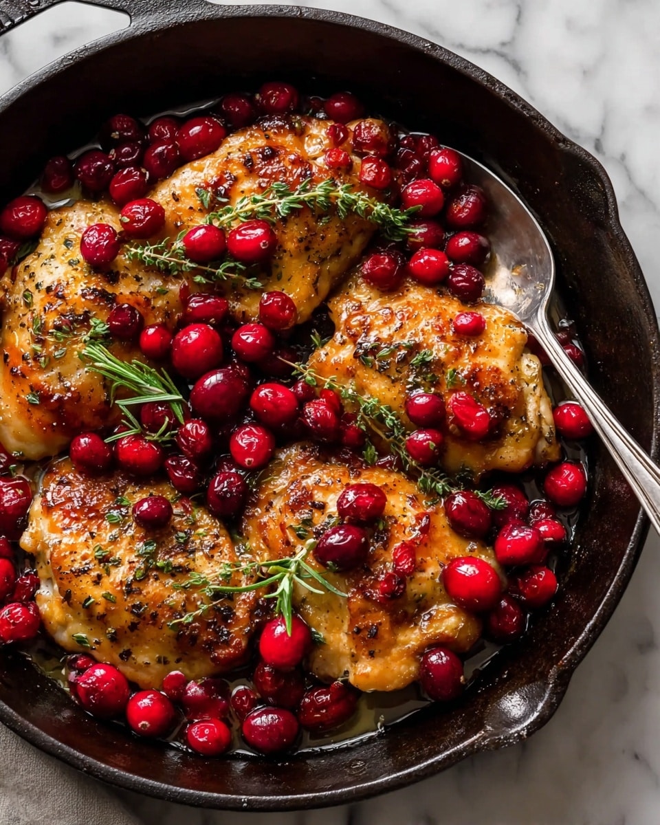 A black cast iron pan holds four golden-brown cooked pieces of chicken layered with scattered bright red cranberries on top and around, accented by small fresh green rosemary and thyme sprigs that add a touch of green texture. The chicken pieces have a slightly crispy, seasoned skin with specks of herbs visible, and the cranberries are glossy, some cut open to show their juicy interior. A metal spoon rests partially under one piece, slightly lifting it, all set on a white marbled surface. photo taken with an iphone --ar 4:5 --v 7