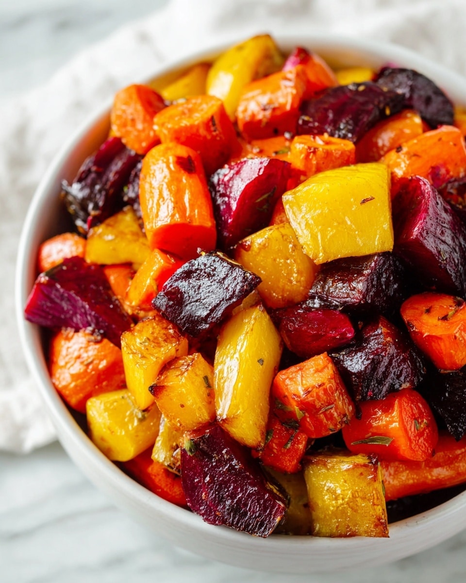 A close-up image of a white bowl filled with roasted root vegetables, showing about three layers of colorful chunks. The top layer has shiny, dark purple beet pieces with a rough texture, bright orange carrot chunks with a soft look, and yellow beet cubes with slightly charred edges. The middle and bottom layers show a mix of these same vegetables, blending deep red, rich orange, and golden yellow colors. The vegetables have a glossy, slightly oily coating that catches the light, making them look fresh and tasty. The bowl is set on a white marbled surface with a soft focus in the background. photo taken with an iphone --ar 4:5 --v 7