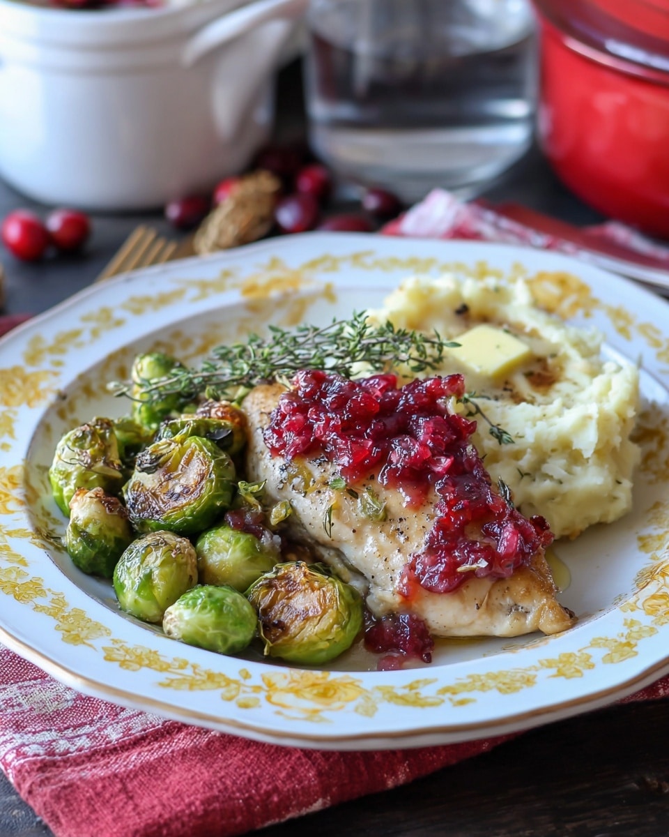 A white plate with yellow floral patterns holds three main parts: on the left, bright green roasted Brussels sprouts with browned edges; in the center, a golden brown cooked piece of chicken topped with a red cranberry sauce and a sprig of green thyme; on the right, a creamy pile of mashed potatoes with bits of skin and a small piece of melting butter on top. The plate sits on a dark surface with a red and white cloth nearby. In the background, there are blurred white and red pots and a glass of water. photo taken with an iphone --ar 4:5 --v 7