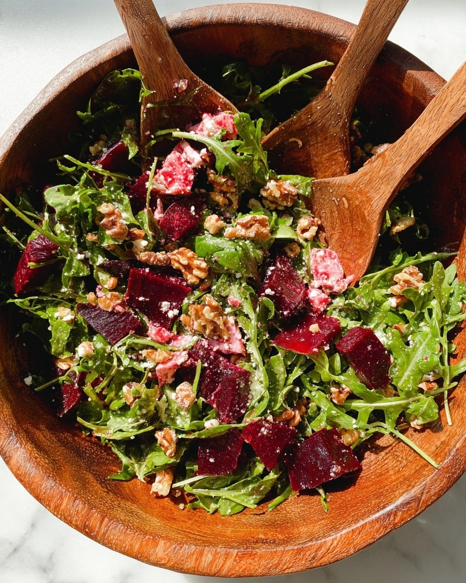 A wooden bowl filled with a fresh salad made of bright green arugula leaves, dark red beet slices, light pink crumbled cheese, and light brown walnut pieces mixed together. Two wooden spoons are sticking out from the salad, which looks dressed with a slight shiny layer. The whole bowl is placed on a white marbled surface with sunlight shining on it, highlighting the vivid colors of the ingredients photo taken with an iphone --ar 4:5 --v 7