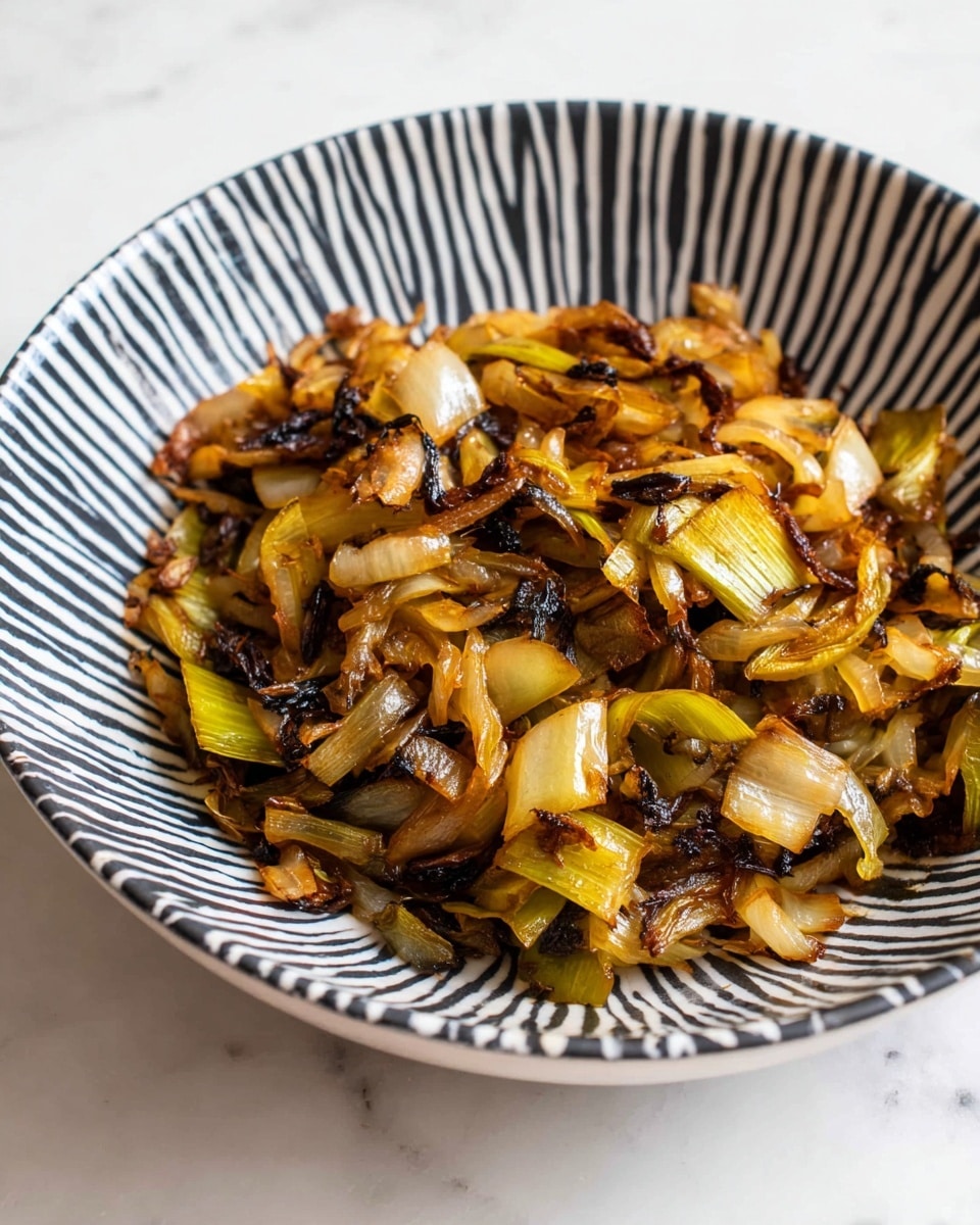 A shallow white bowl with black zebra-like stripes holds a pile of cooked vegetables. The main layer is caramelized onions that are golden and slightly translucent with edges browned. Mixed throughout are pieces of sautéed celery that have a mix of yellow-green and dark brown colors from cooking. The vegetables look soft with some parts charred or darker, giving a mix of textures. The bowl sits on a white marbled surface. photo taken with an iphone --ar 4:5 --v 7