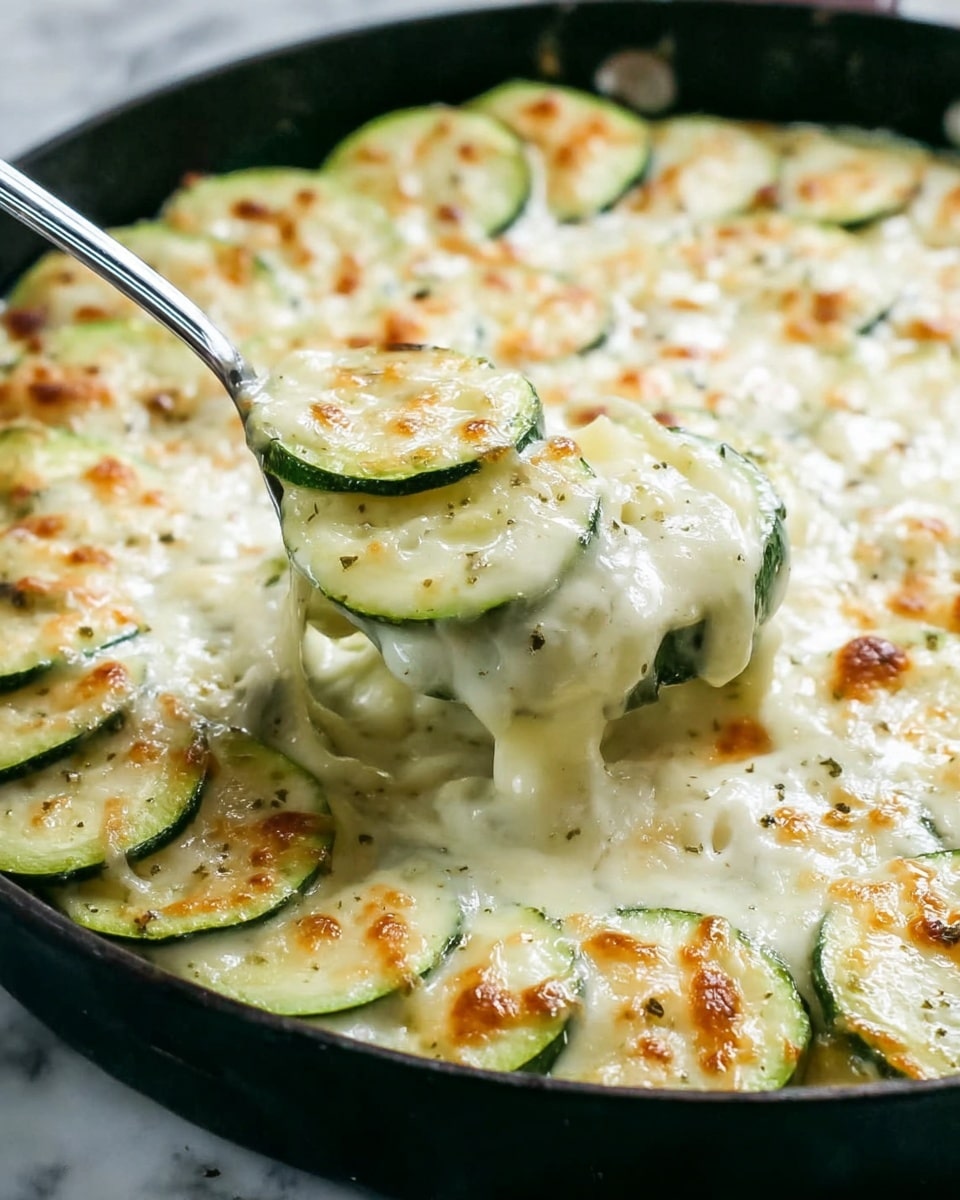 The dish shows many round slices of green zucchini arranged in neat rows inside a black pan, layered with creamy, melted white cheese that is lightly browned in spots. The cheese forms a thick, bubbly layer on top of the zucchini, with a smooth, glossy texture. A spoon is lifting a portion, revealing multiple zucchini slices stacked under the creamy cheese, with melted cheese stretching slightly as it is lifted. The background surface is white marbled. Photo taken with an iphone --ar 4:5 --v 7