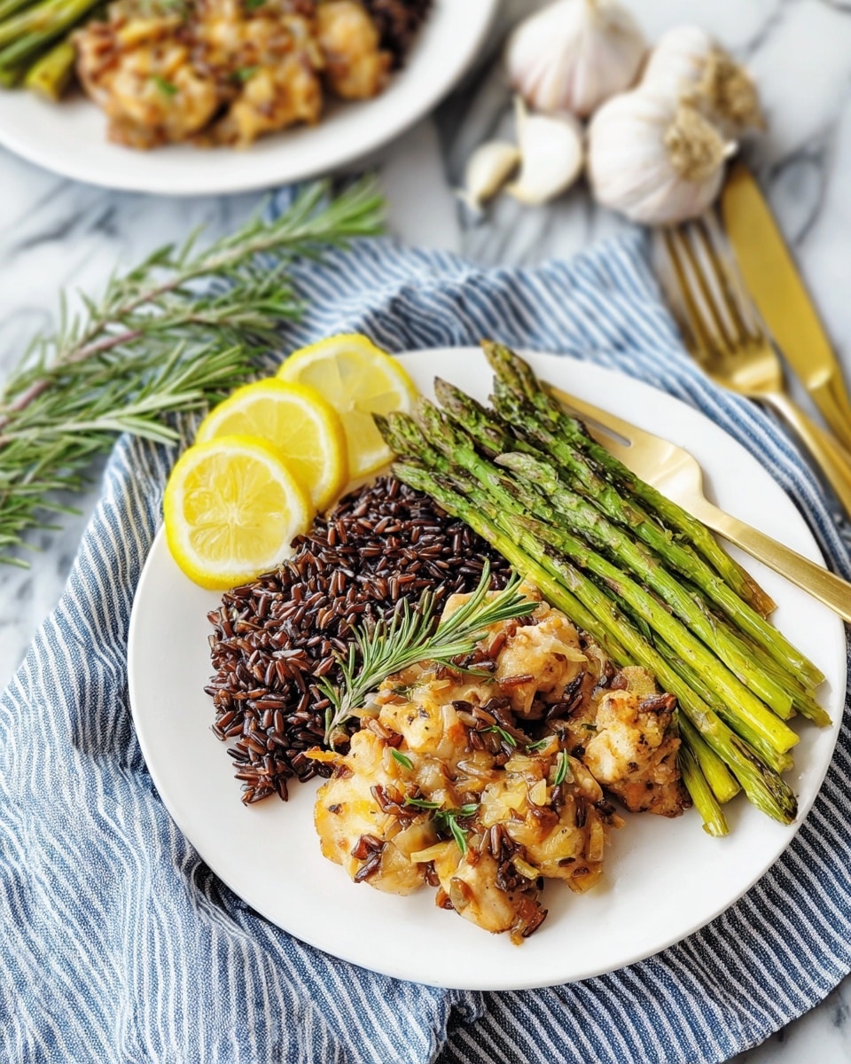 The image shows a white plate with three layers of food: the first layer is wild rice, dark brown and textured, placed on the top left side of the plate; the second layer is cooked green asparagus spears, laid in the middle from left to right; the third layer has golden-brown cooked chicken pieces with small bits of herbs and onions on top, positioned on the bottom right. On the left side of the plate, there are two thin yellow lemon slices placed vertically next to the asparagus. A sprig of rosemary sits on top of the chicken. The plate is set on a blue and white striped cloth over a white marbled surface. In the background, there is another white plate with a similar meal and two garlic bulbs. Next to the plate, there are a gold fork and knife. Photo taken with an iphone --ar 4:5 --v 7