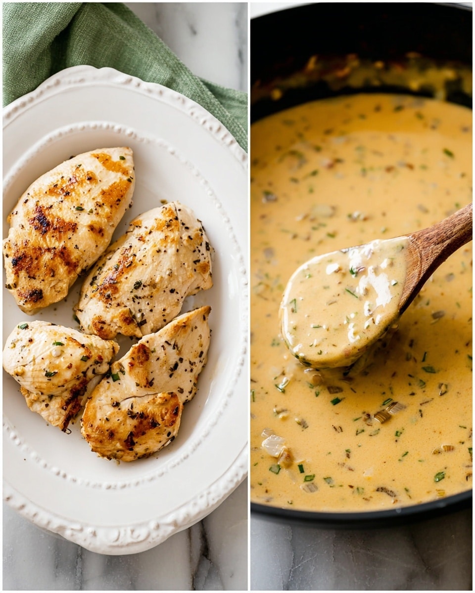 The image shows two parts side by side. On the left, there is a white plate with a decorative edge holding four cooked chicken pieces that are light brown with some darker grill marks and pepper spots, placed on a white marbled surface with a green cloth at the top right. On the right side, a close-up of a black pan filled with thick, creamy light tan sauce mixed with small green herbs and tiny pieces of onions, with a wooden spoon scooping some sauce in the upper right corner, all on a white marbled surface. photo taken with an iphone --ar 4:5 --v 7