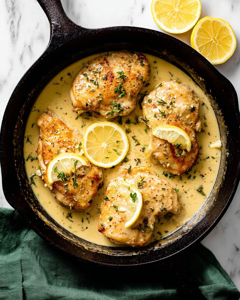 The image shows four cooked chicken pieces in a black cast iron pan, covered in a light yellow creamy sauce with herbs sprinkled on top. Two of the chicken pieces each have a small lemon wedge resting on them, and tiny green herb leaves are scattered over the chicken and sauce. The pan sits on a white marbled surface with three lemon slices placed near the top right edge and a green cloth partially visible below the pan. Photo taken with an iphone --ar 4:5 --v 7