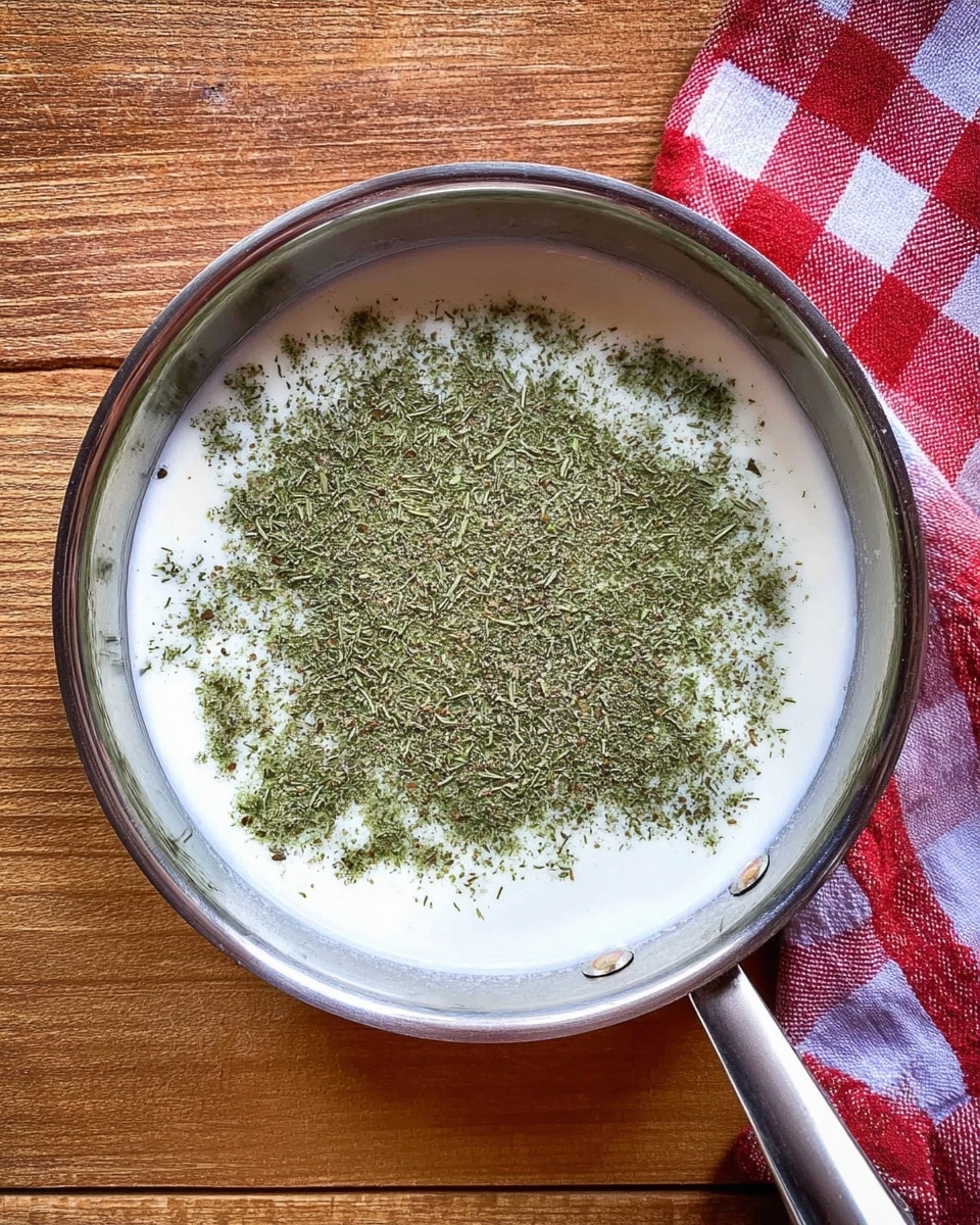 A silver pan filled with a white creamy liquid layer at the bottom and sprinkled with a layer of green dried herbs spread unevenly on top. The pan is placed on a wooden surface with a red and white checkered cloth on the right side. Photo taken with an iphone --ar 4:5 --v 7