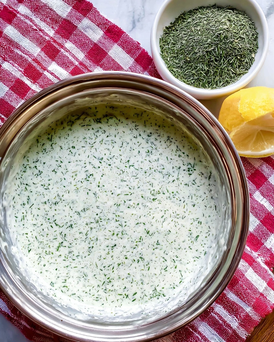 A large metal bowl filled with a creamy white sauce mixed with finely chopped green herbs, giving it a speckled green and white look. To the right, there is a white bowl filled with more green dried herbs and a fresh lemon cut in half placed on a red and white checkered cloth. The whole scene is set on a white marbled surface. photo taken with an iphone --ar 4:5 --v 7