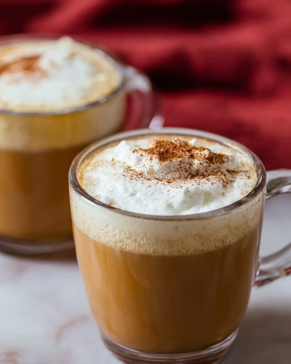Two clear glass mugs filled with brown coffee topped with a thick layer of white whipped cream sprinkled with light brown cinnamon powder sit on a dark wooden table covered partly by a crinkled dark red cloth. One mug is in the front right and in clear focus, while the other is slightly blurred and placed behind it to the upper right. A silver spoon lies on the right side of the table. The background is a soft, out of focus brown wood texture, and the surface is changed to a white marbled texture. Photo taken with an iphone --ar 4:5 --v 7