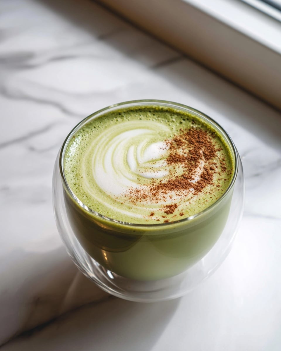 A clear glass cup filled with a green and white swirled matcha latte, topped with a light sprinkle of cinnamon powder concentrated on one side of the foam swirl. The drink has two main layers: the bright green matcha layer mixed with creamy white milk foam, creating a smooth, artistic swirl pattern on the top. The cup sits on a white marbled surface with soft natural light coming from a window on the right side. photo taken with an iphone --ar 4:5 --v 7