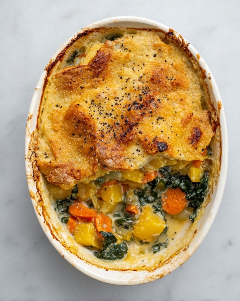 The dish is shown in a white oval ceramic baking dish with slightly browned edges from baking. The top layer is a golden-brown crust with a slightly rough texture and small black pepper specks sprinkled over it. Below the crust, the filling is visible, showing chunks of yellow squash, bright orange carrot slices, and dark green leafy kale in a light creamy sauce. The dish is placed on a white marbled surface. Photo taken with an iphone --ar 4:5 --v 7