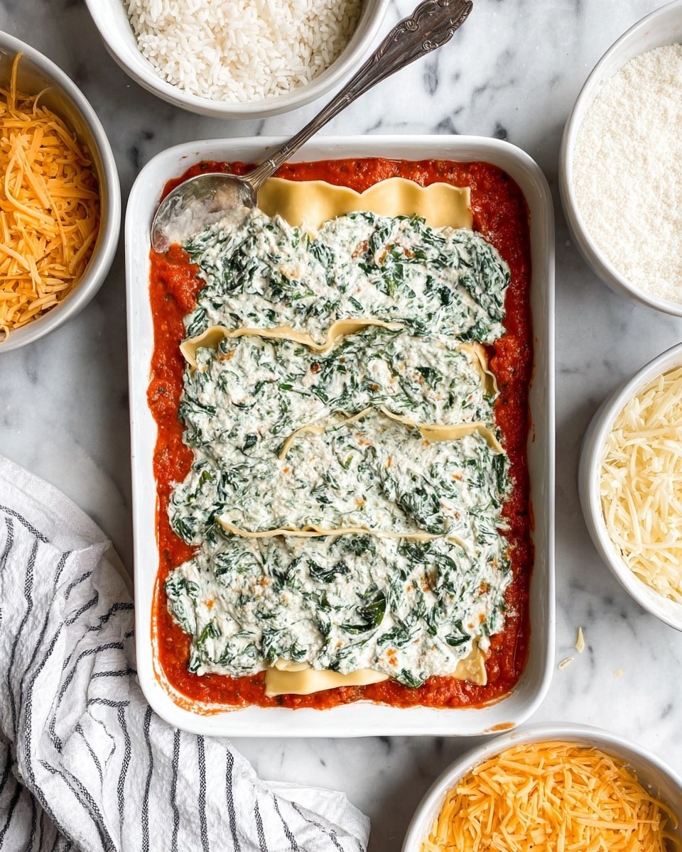 The image shows a rectangular white baking dish with a three-layer dish inside. The bottom layer is a bright red sauce evenly spread across the dish. On top of this is a layer of flat, light yellow pasta sheets, partially visible under the top layer. The top layer is a creamy white mixture with green leafy parts, resembling spinach mixed in a white sauce. A silver spoon rests on the creamy layer near the bottom left. Around the dish, there are four white bowls: one with white rice, one with the same red sauce as the bottom layer, one with the creamy white spinach mixture, and one with shredded yellow cheese. A white cloth with thin black stripes is visible on the bottom left corner, and the background shows a white marbled surface. photo taken with an iphone --ar 4:5 --v 7