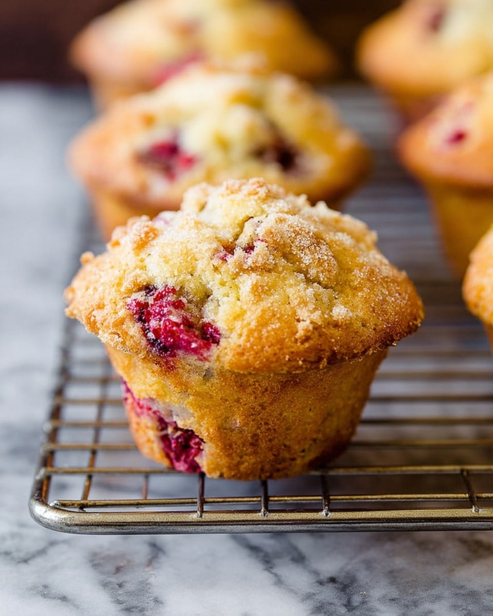 A close-up view of a golden brown muffin with a slightly cracked top sprinkled with light crumbs. Inside the muffin, visible deep red berry pieces peek out from the soft, moist texture. The muffin sits on a metal cooling rack with a grid pattern, and in the background, a few more muffins are lined up slightly out of focus. The surface beneath the rack is a white marbled texture. Photo taken with an iphone --ar 4:5 --v 7