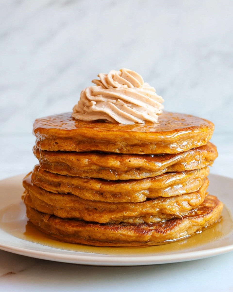 A stack of five thick, golden-brown pancakes sits on a white plate, each layer showing a soft, slightly uneven texture with a warm, spicy color. The pancakes are covered with a shiny drizzle of golden syrup that glistens and runs gently down the sides, adding a sticky, glossy feel. On top, there is a small swirl of light brown whipped butter with a smooth, creamy texture that looks rich and soft, placed neatly at the center of the stack. The background is a white marbled surface, giving a clean and bright setting to the dish. photo taken with an iphone --ar 4:5 --v 7