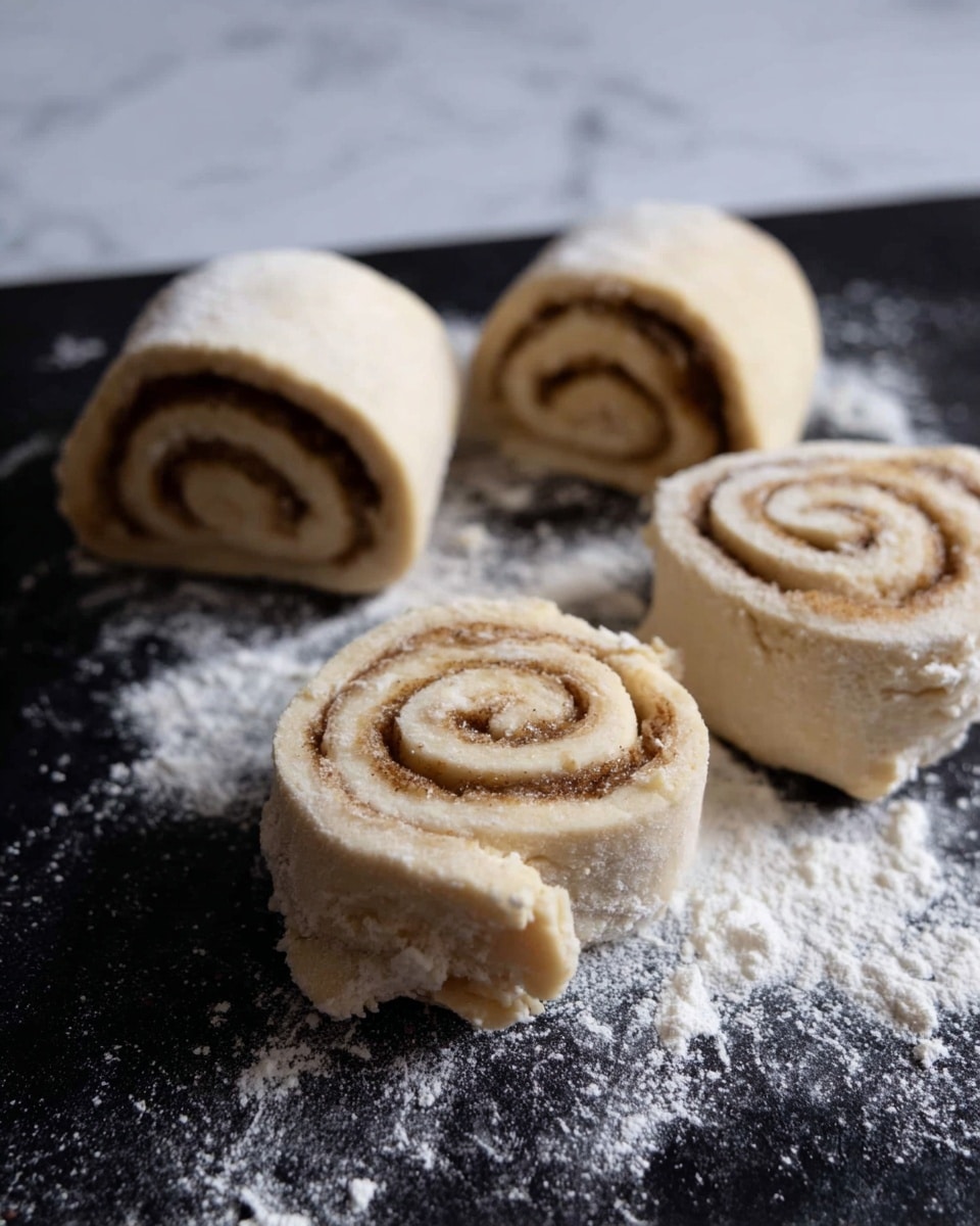 Four pieces of unbaked cinnamon roll dough sit on a black surface dusted with flour. Each roll shows a spiral shape with light beige dough on the outside and a darker brown cinnamon filling inside the layers. The dough looks soft and slightly powdery from the flour, with one roll partially torn at the edge. The background is changed to a white marbled texture. photo taken with an iphone --ar 4:5 --v 7
