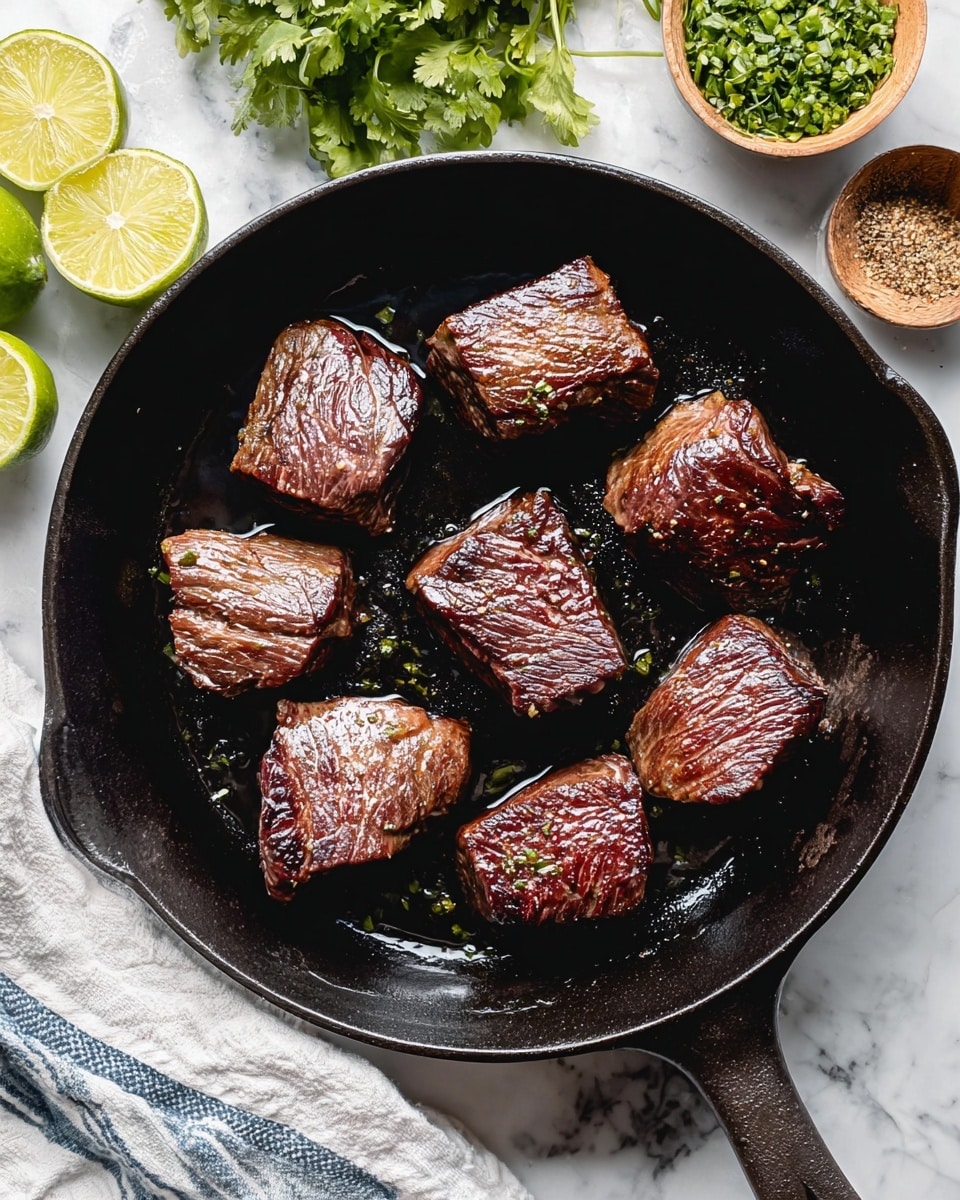 In the image, there is a black cast iron pan with seven pieces of browned meat, each piece showing a shiny and textured surface with a mix of dark brown seared color and hints of red inside. The meat pieces are irregular in shape and spread out inside the pan. Around the pan, there are fresh green lime halves on a white marbled surface, a small bowl filled with green chopped herbs, and a bowl with a mix of spices. A striped white and blue cloth is placed near the pan handle. The overall setting feels fresh and simple. photo taken with an iphone --ar 4:5 --v 7