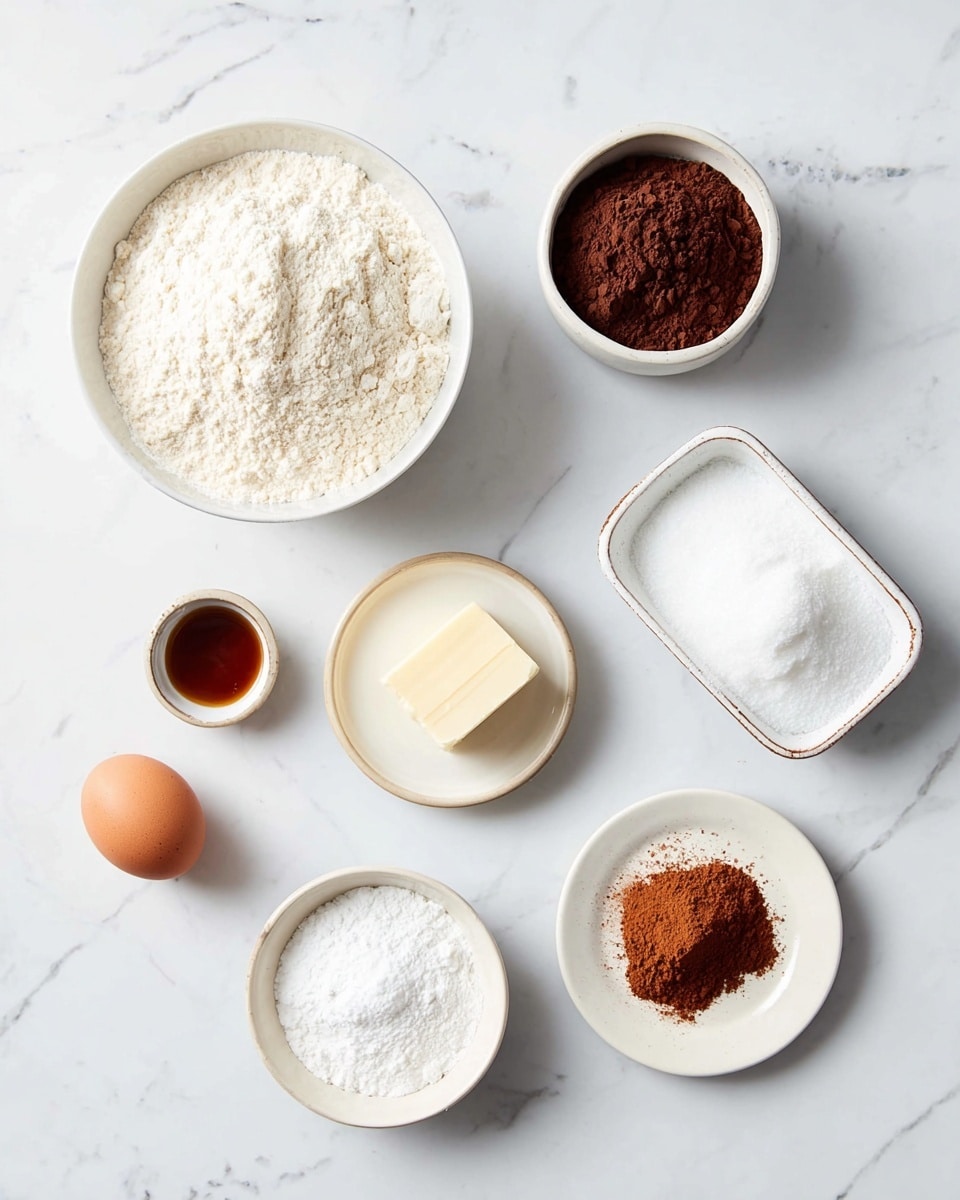 A white bowl filled with light, fluffy flour is placed on the left side, next to a small white bowl holding dark brown cocoa powder at the top center. To the right, there is a white ceramic dish filled with white granulated sugar. Below the sugar, a white dish contains a white, creamy stick of butter. At the bottom center, there is a single brown egg. A small white plate with two white powders, one finely ground and one a bit coarse, sits below the flour bowl. Near the center, a small white bowl contains reddish-brown cinnamon powder. At the bottom left corner, a tiny white cup holds a dark amber liquid, likely vanilla. All items sit neatly arranged on a white marbled surface. Photo taken with an iphone --ar 4:5 --v 7