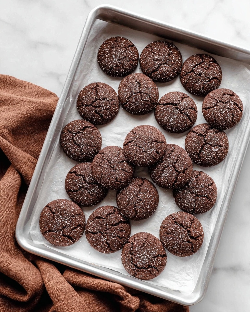 The image shows a silver baking tray covered with white parchment paper holding 18 round dark brown cookies with a cracked texture and a light sprinkle of sugar on top. The cookies are evenly spaced, overlapping slightly in some areas. The tray is placed on a white marbled surface with a soft brown cloth partially visible under the tray's bottom left corner. Photo taken with an iphone --ar 4:5 --v 7