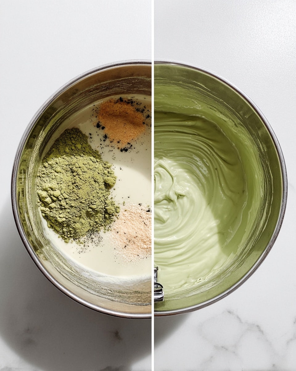 This image shows two side-by-side metal bowls on a white marbled surface. The left bowl contains a mix of light creamy liquid and powder, with a large green powder patch on the left, a light brown powder patch on the right, and a bit of black powder mixed in. The right bowl shows the same mixture after being whipped, turning into a smooth, thick, light green cream with swirls, and an electric mixer’s beaters are partially visible inside it. photo taken with an iphone --ar 4:5 --v 7