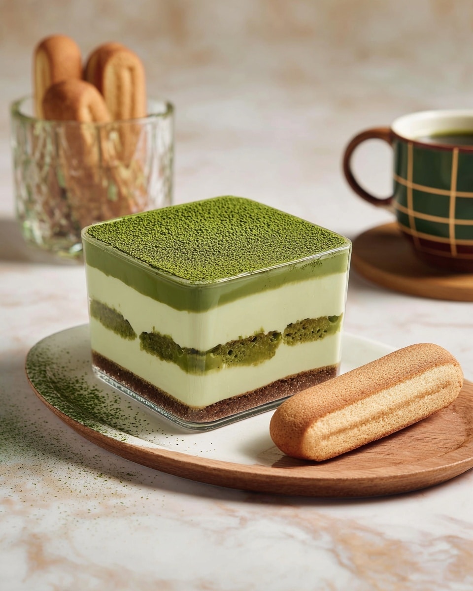 The image shows a square-shaped green tea dessert with four distinct layers inside a clear container. The bottom layer is a dark brown cake or biscuit base, followed by a thick light green creamy layer. Above that, there is a thin darker green layer with a textured look, possibly soaked biscuits or a matcha mix, then topped with another thick light green creamy layer. The top surface is dusted with fine green tea powder. Next to the dessert, there are two light brown ladyfinger biscuits resting on a round white plate with a wooden tray underneath. In the background, there is a glass holding more ladyfingers and a ceramic cup with green and brown checkered design, all set on a white marbled surface. Photo taken with an iphone --ar 4:5 --v 7