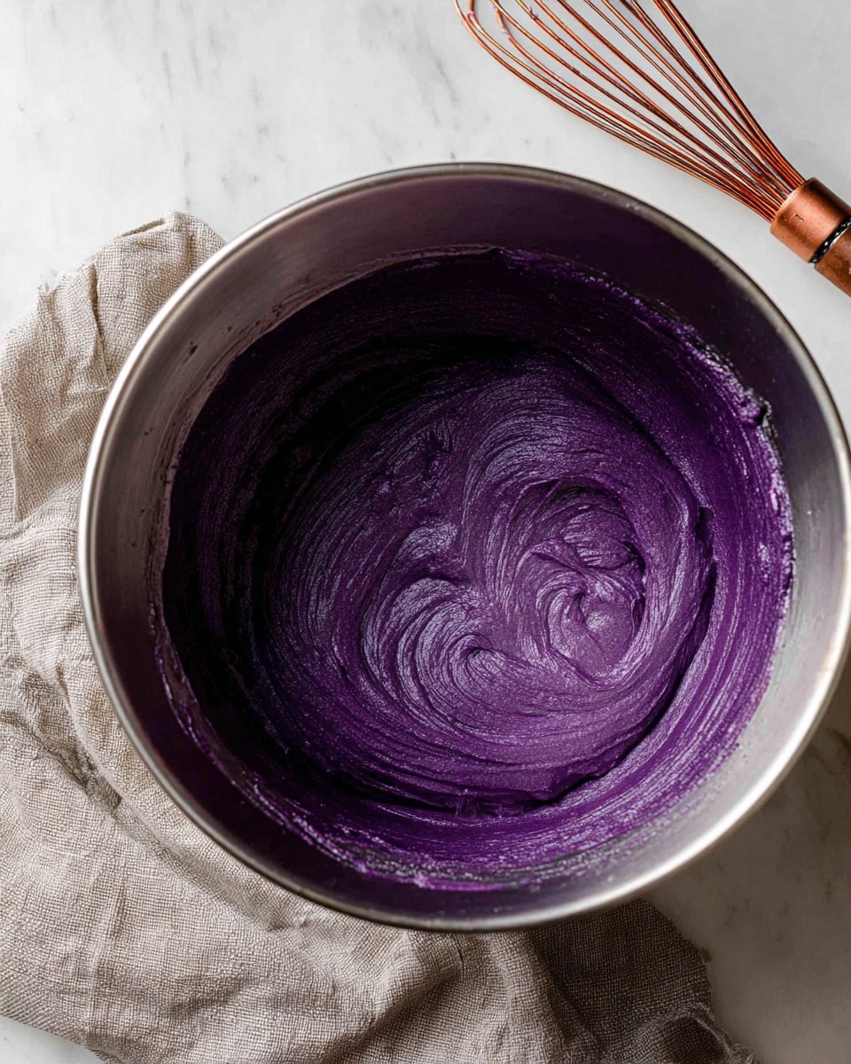 A silver mixing bowl holds a thick, smooth batter with a deep purple color. The batter is swirled inside the bowl, showing different shades of purple and a creamy texture. The bowl is placed on a white marbled texture, with a light grey fabric and a copper whisk lying beside it. The image is taken from above, focusing on the vibrant purple batter inside the bowl photo taken with an iphone --ar 4:5 --v 7