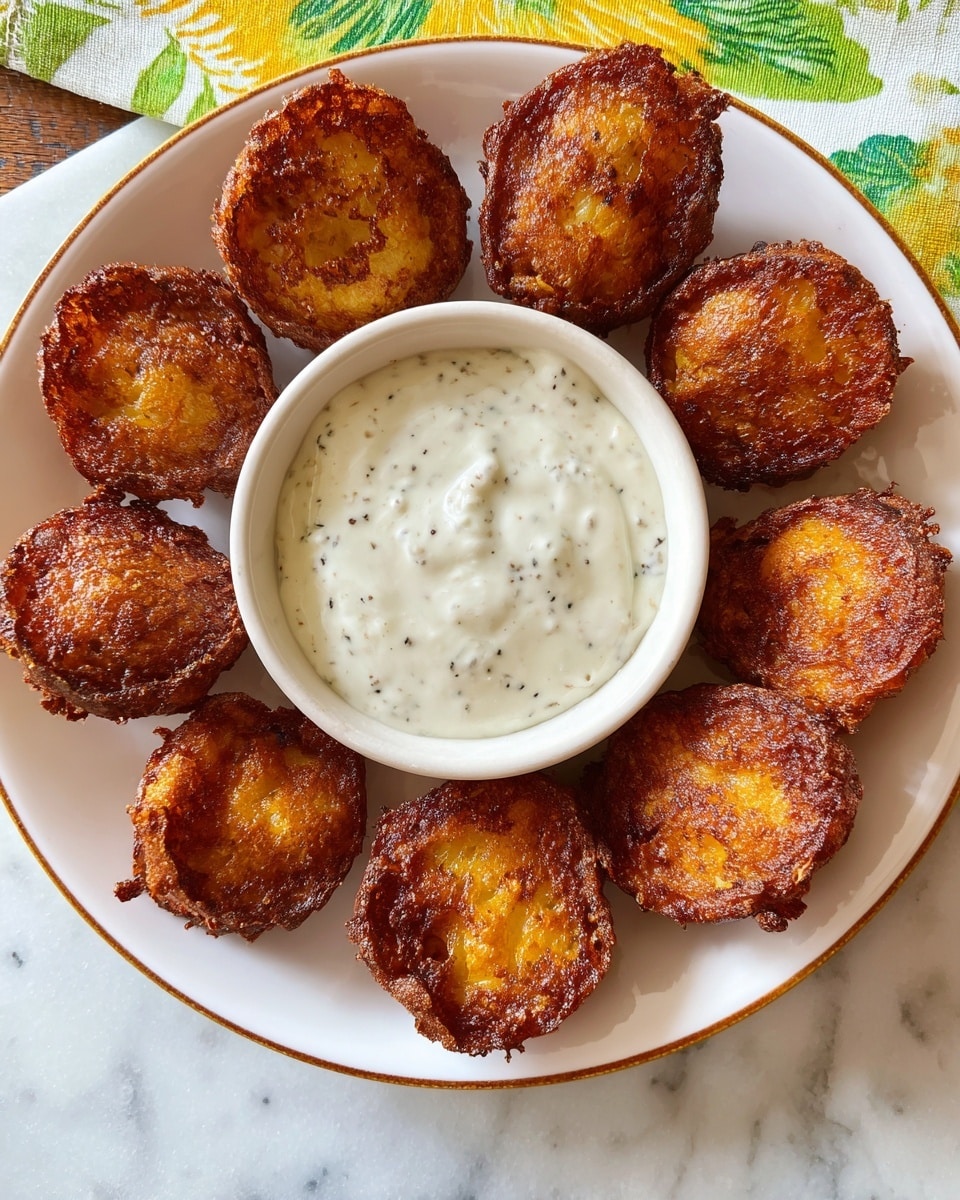 A white round plate with a light gold rim holds twelve golden brown, crispy small fritters arranged evenly in a circle around a white bowl of creamy white sauce with black specks. The fritters have a crunchy, slightly rough texture with darker brown edges and lighter golden centers. The plate sits on a white marbled surface with a bit of a green and yellow floral cloth visible in the background. photo taken with an iphone --ar 4:5 --v 7