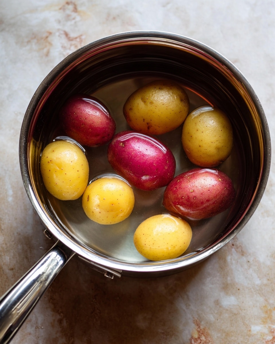 A shiny silver pot filled with clear water shows a mix of whole small potatoes inside. There are three red-skinned potatoes and six yellow-skinned potatoes floating in the water. The pot is placed on a white marbled surface, and the pot handle extends out of the frame toward the bottom left. No other objects are visible around the pot. Photo taken with an iphone --ar 4:5 --v 7