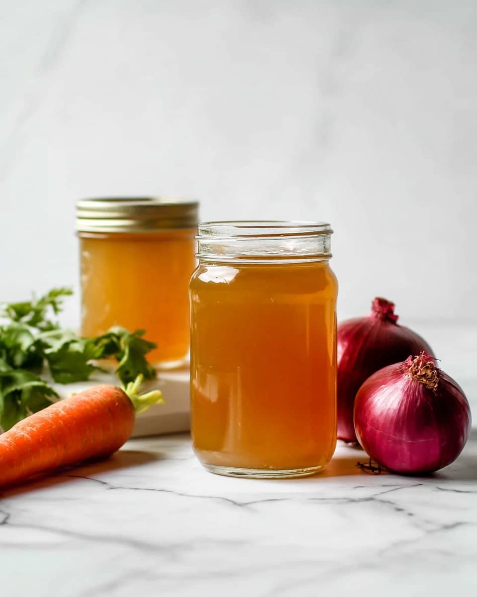 The image shows two jars filled with light brown and golden liquid placed on a white marbled surface, with the larger jar in front and the smaller jar slightly behind it. To the left, there is a fresh, whole carrot with a bright orange color and green leafy top, resting near two whole red onions with smooth, shiny skin. The scene is bright and clean with a plain white background, highlighting the natural colors and textures of the vegetables and jars. Photo taken with an iphone --ar 4:5 --v 7