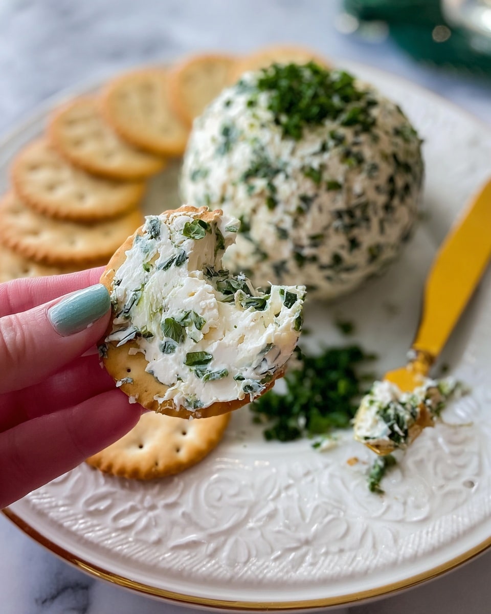 A close-up of a woman's hand holding a round cracker topped with a thick layer of white cream cheese mixed with small green herb pieces. In the background, a dome-shaped cheese ball covered with the same chopped green herbs sits on a white plate with an embossed pattern, surrounded by plain round crackers arranged in a semicircle. Some herbs are scattered on the plate, and a butter knife with a yellow handle rests nearby with some cheese on it. The scene is set on a white marbled surface. photo taken with an iphone --ar 4:5 --v 7