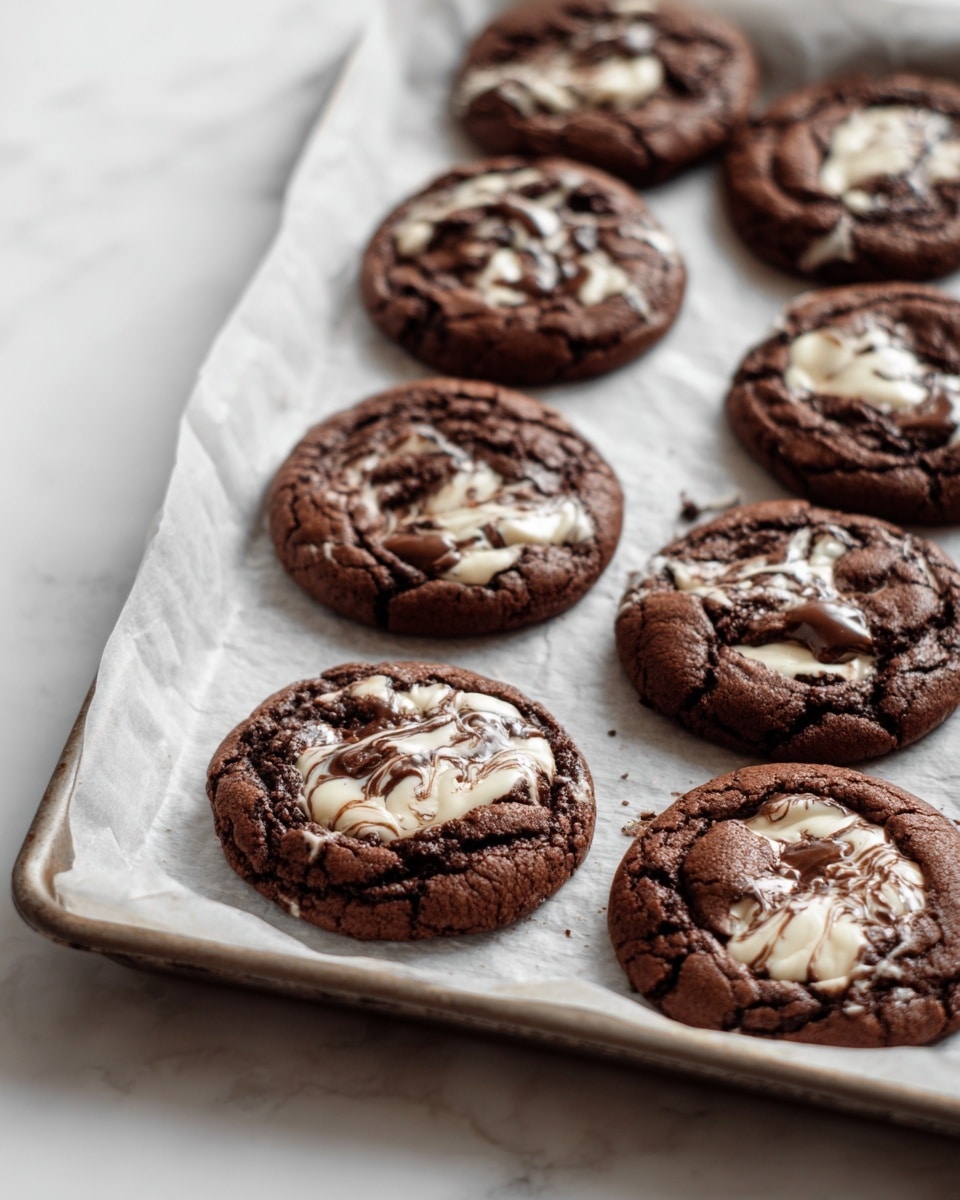 A close-up view of a baking tray lined with white parchment paper holding nine soft chocolate cookies. Each cookie is dark brown with a cracked surface and has melted white chocolate swirls on top, creating a marbled effect. The cookies are round, slightly thick, and spread out evenly on the tray, showing a chewy texture. The background is a white marbled surface, adding a clean, bright look to the image. Photo taken with an iphone --ar 4:5 --v 7
