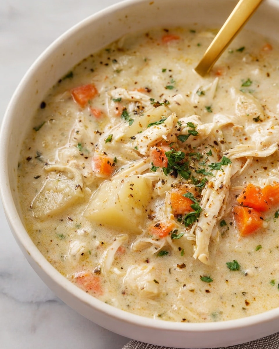 A close-up of a white bowl filled with creamy chicken soup showing three visible layers: the bottom layer is chunky with pieces of shredded chicken and small diced orange carrots; the middle layer is thick and creamy with a light beige color mixed with small soft potato chunks; the top layer features a sprinkle of finely chopped green herbs and small black pepper flakes scattered on the soup surface; a golden spoon is inserted into the soup from the top left side; the bowl sits on a white marbled surface photo taken with an iphone --ar 4:5 --v 7